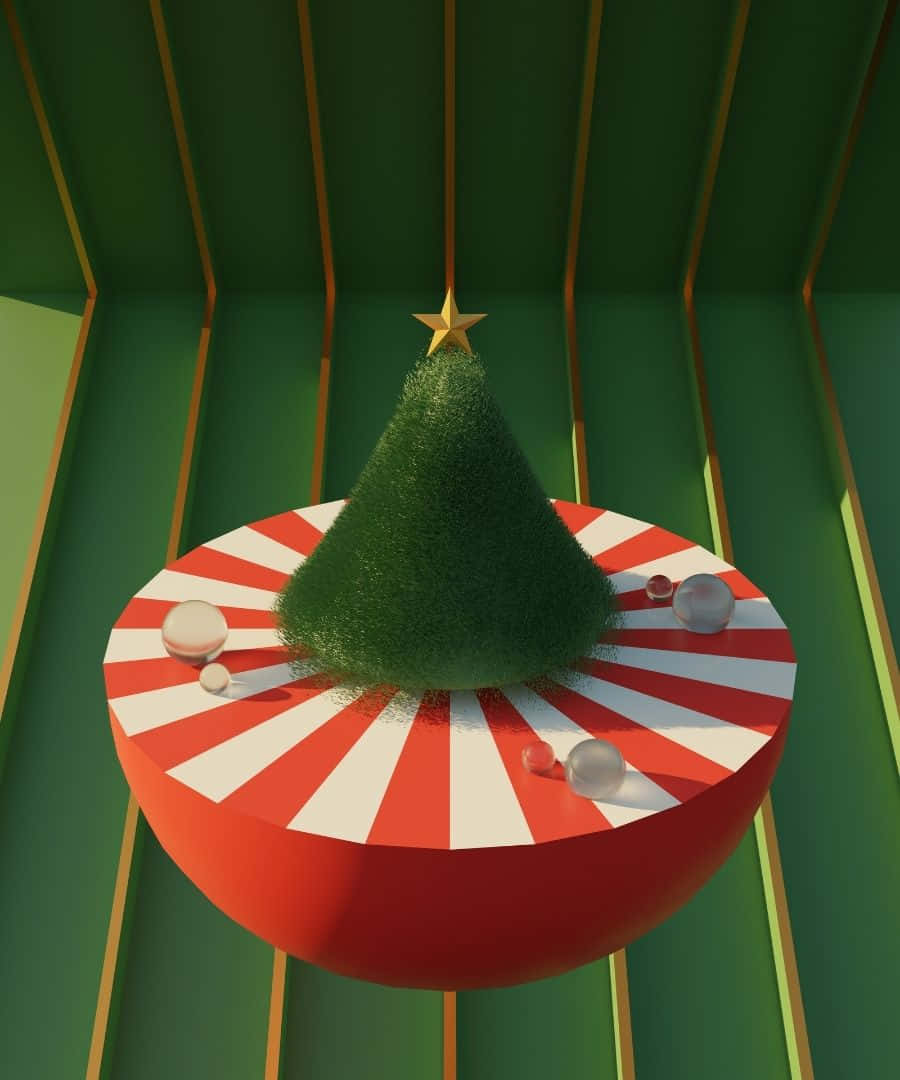 超高清 1080P 背景 壁紙 — 一個極簡風格的3D渲染聖誕樹，頂部有金色星星，放置在紅白條紋底座上，位於綠色幾何房間內。