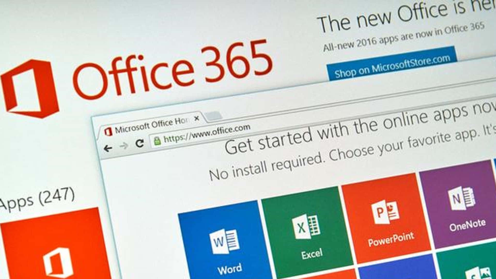 超高清、流暢運行的 Office 365 介面 壁紙 — 電腦屏幕特寫，顯示Microsoft Office 365網頁，帶有色彩繽紛的應用程式圖示和推廣文字。