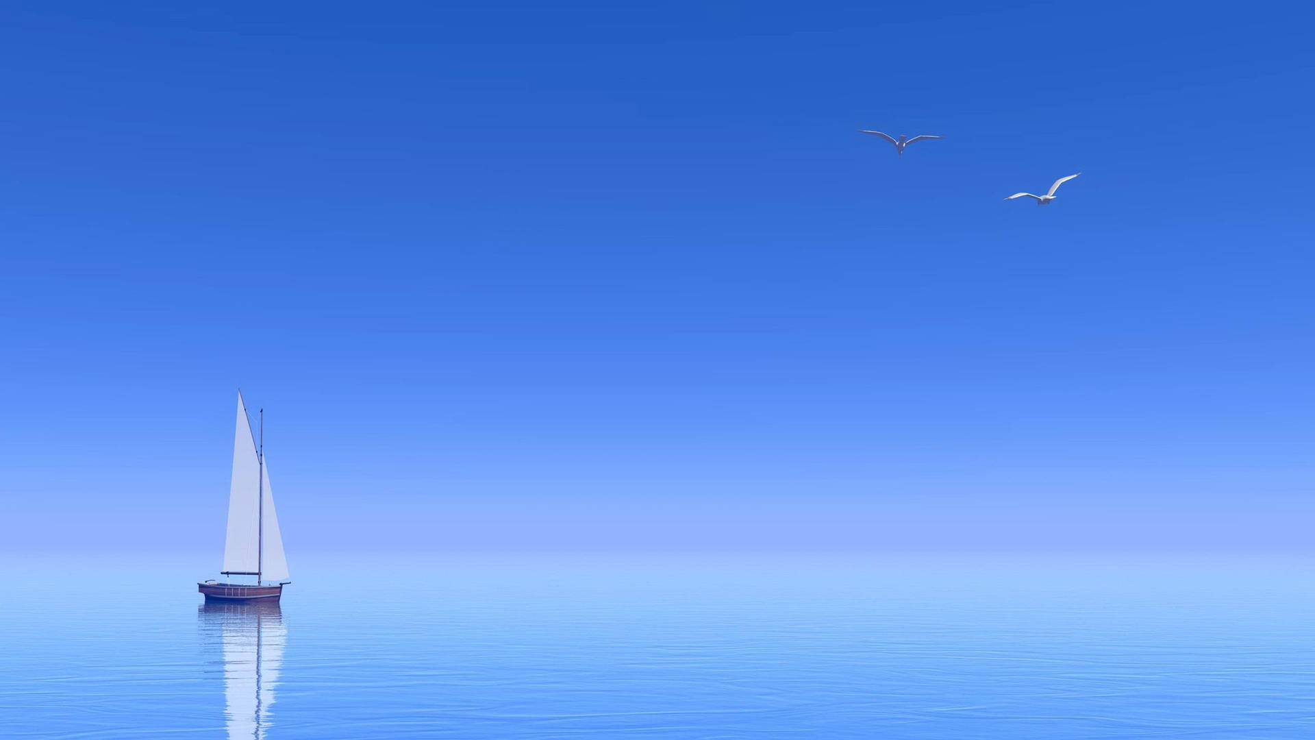 平靜藍色水面上的帆船，海鷗在晴朗天空中飛翔