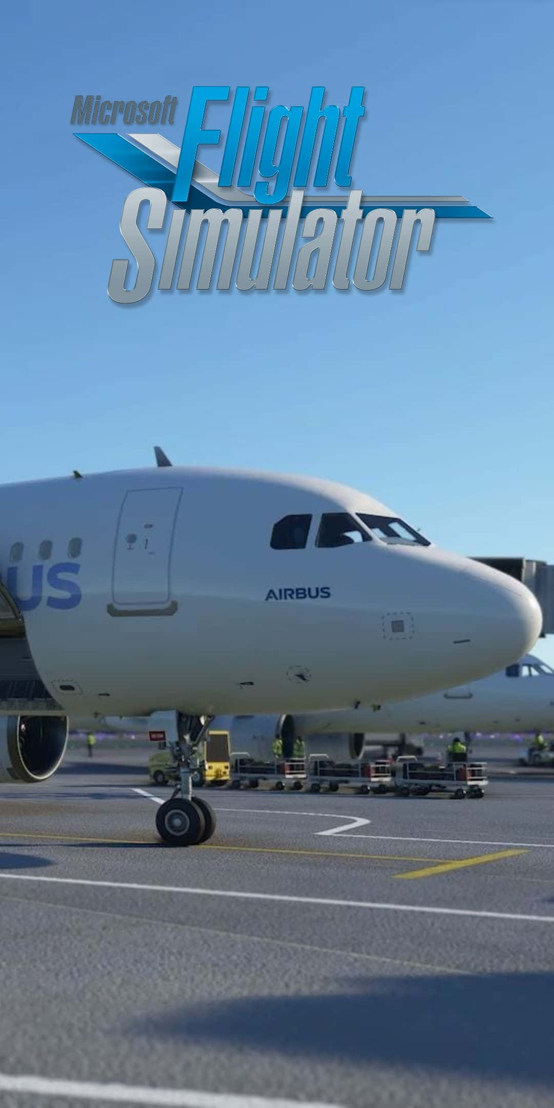 「超高清畫質下的飛行快感」 壁紙 — 一架白色空中巴士飛機停在陽光明媚的機場停機坪上，附近有地勤人員和設備，天空清澈湛藍。