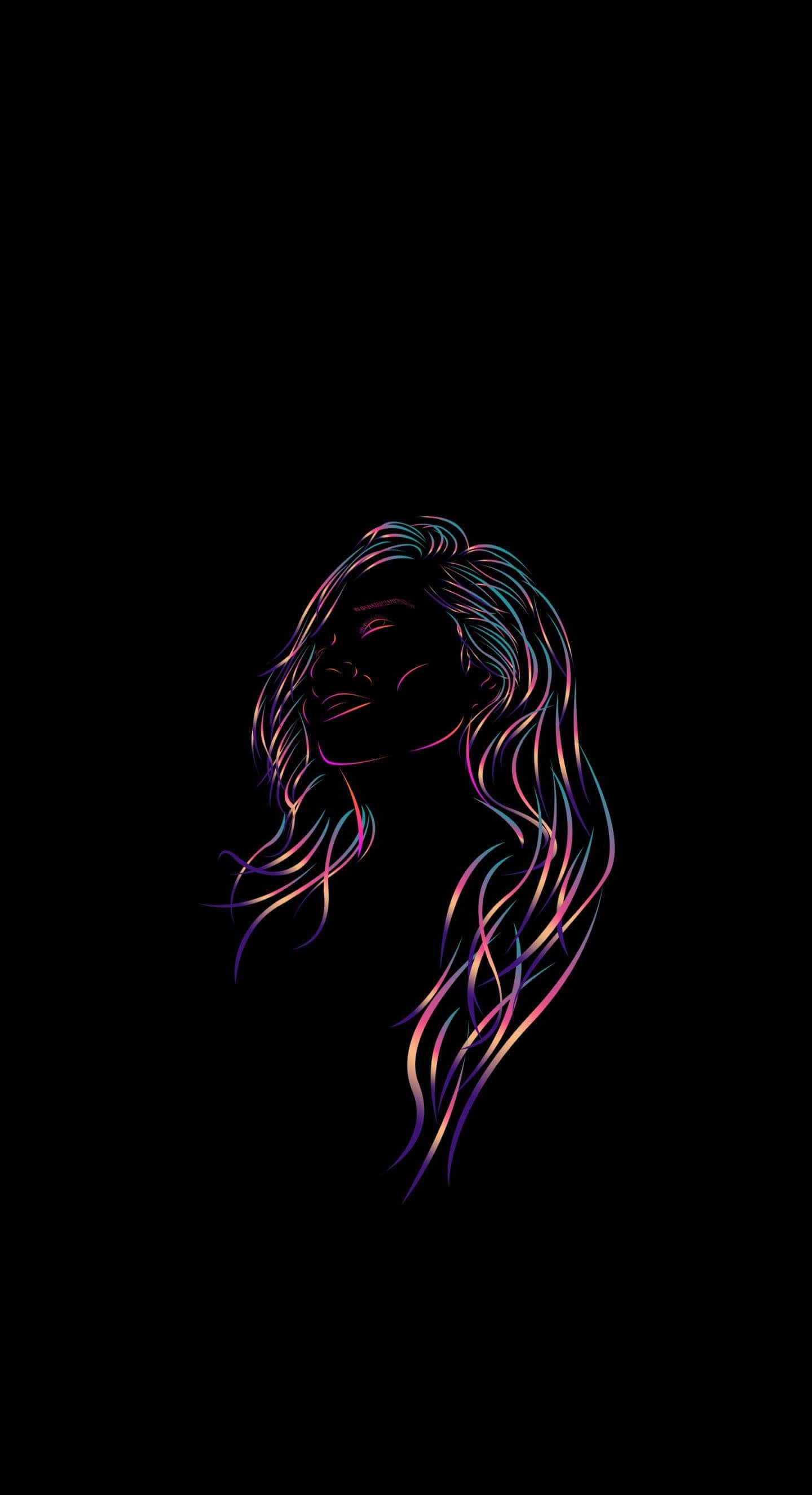 超高畫質OLED背景 壁紙 — 黑色背景上，一個擁有飄逸長髮的女性剪影的發光霓虹輪廓。