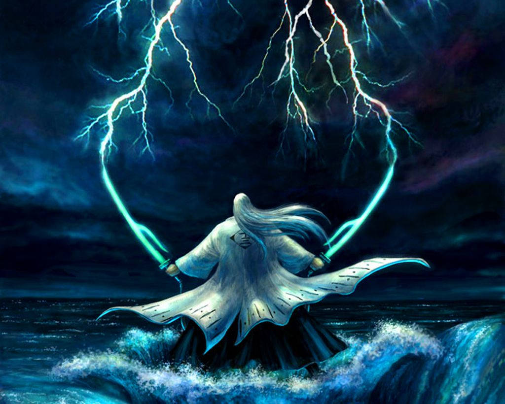 一個神秘的戰士手持發光的劍，站在電閃雷鳴的暴風雨中。