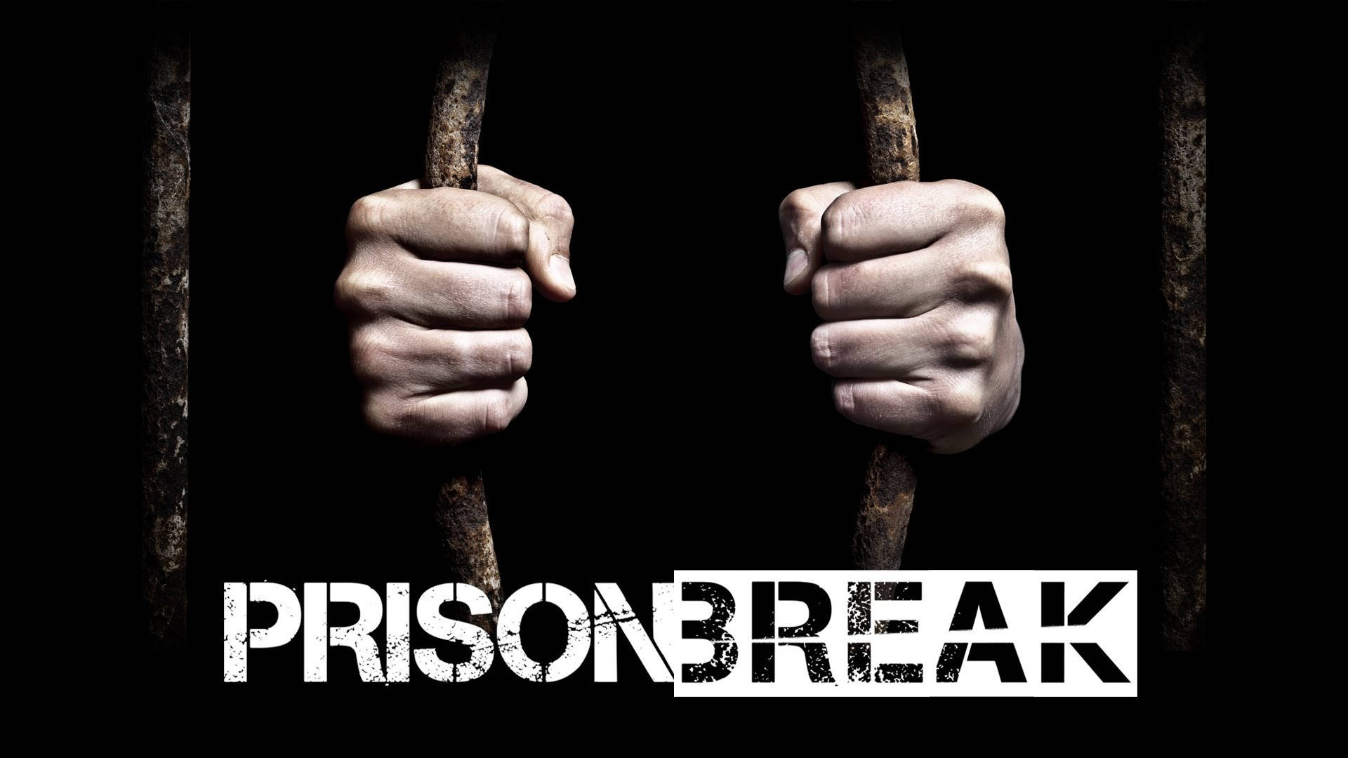 兩隻手抓住監獄鐵欄，下方有「PRISONBREAK」文字。