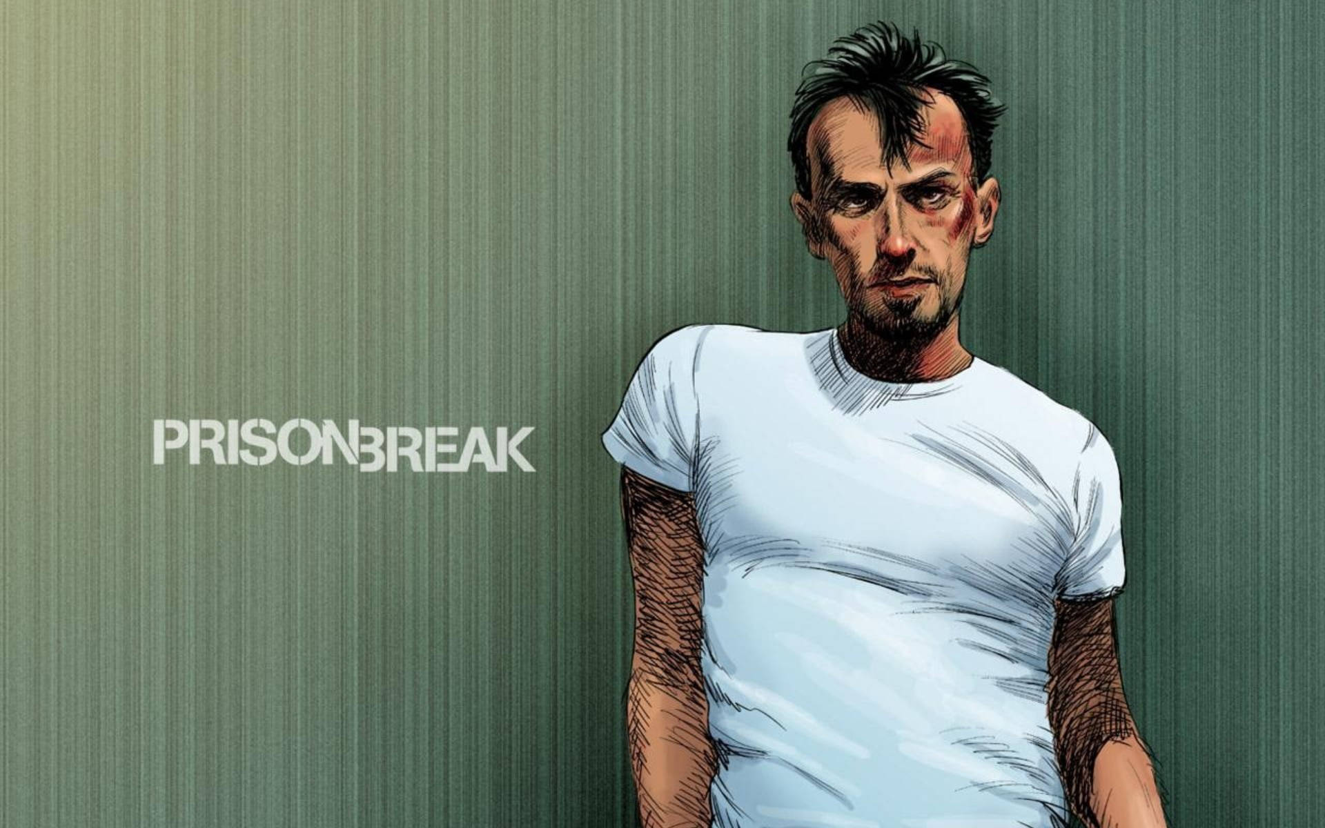 一個穿著白色T恤的男子靠在一面綠色牆上，帶有'PRISONBREAK'文字。