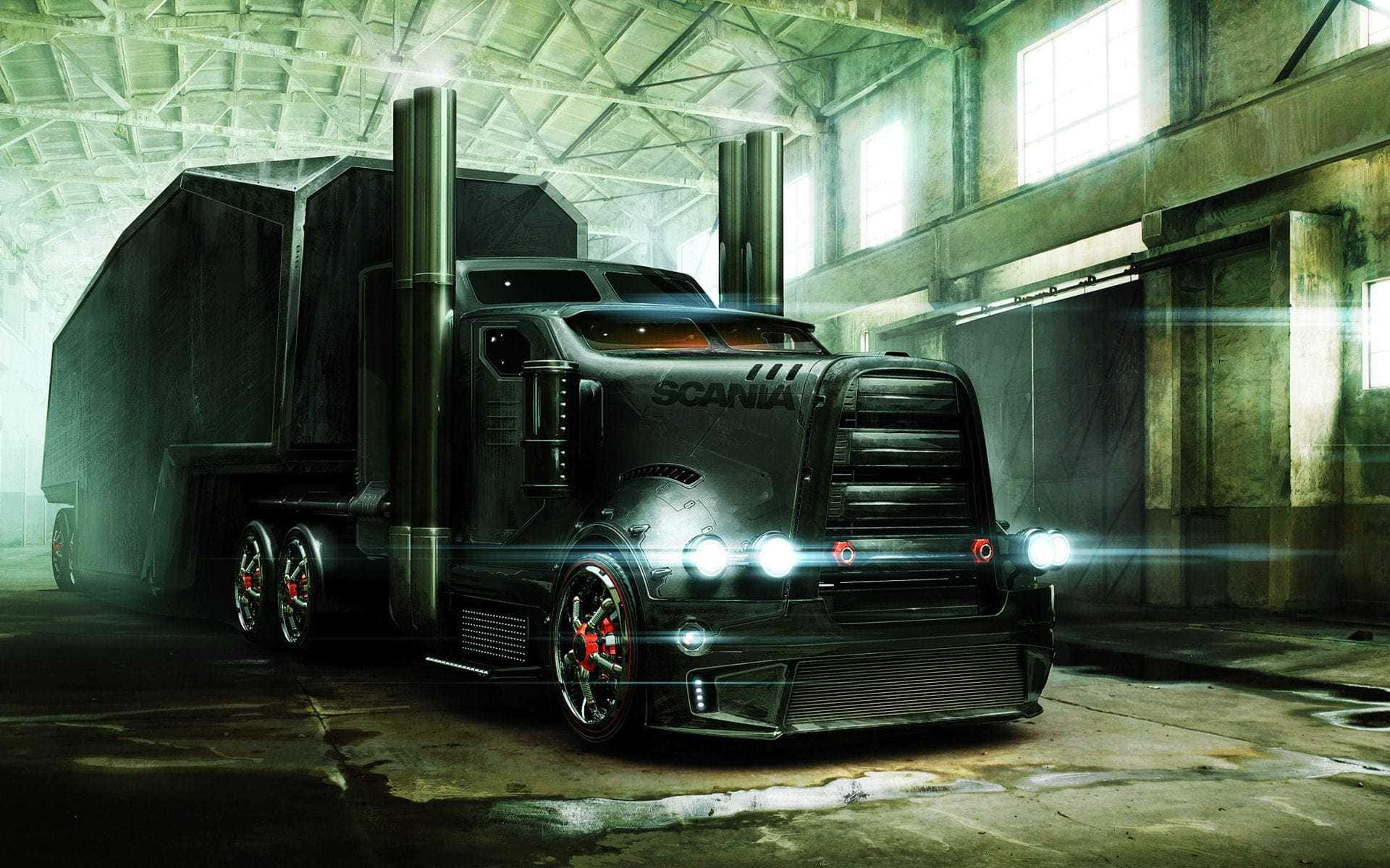 黑色Scania半掛卡車停放在昏暗的工業倉庫中，車頭燈亮起。