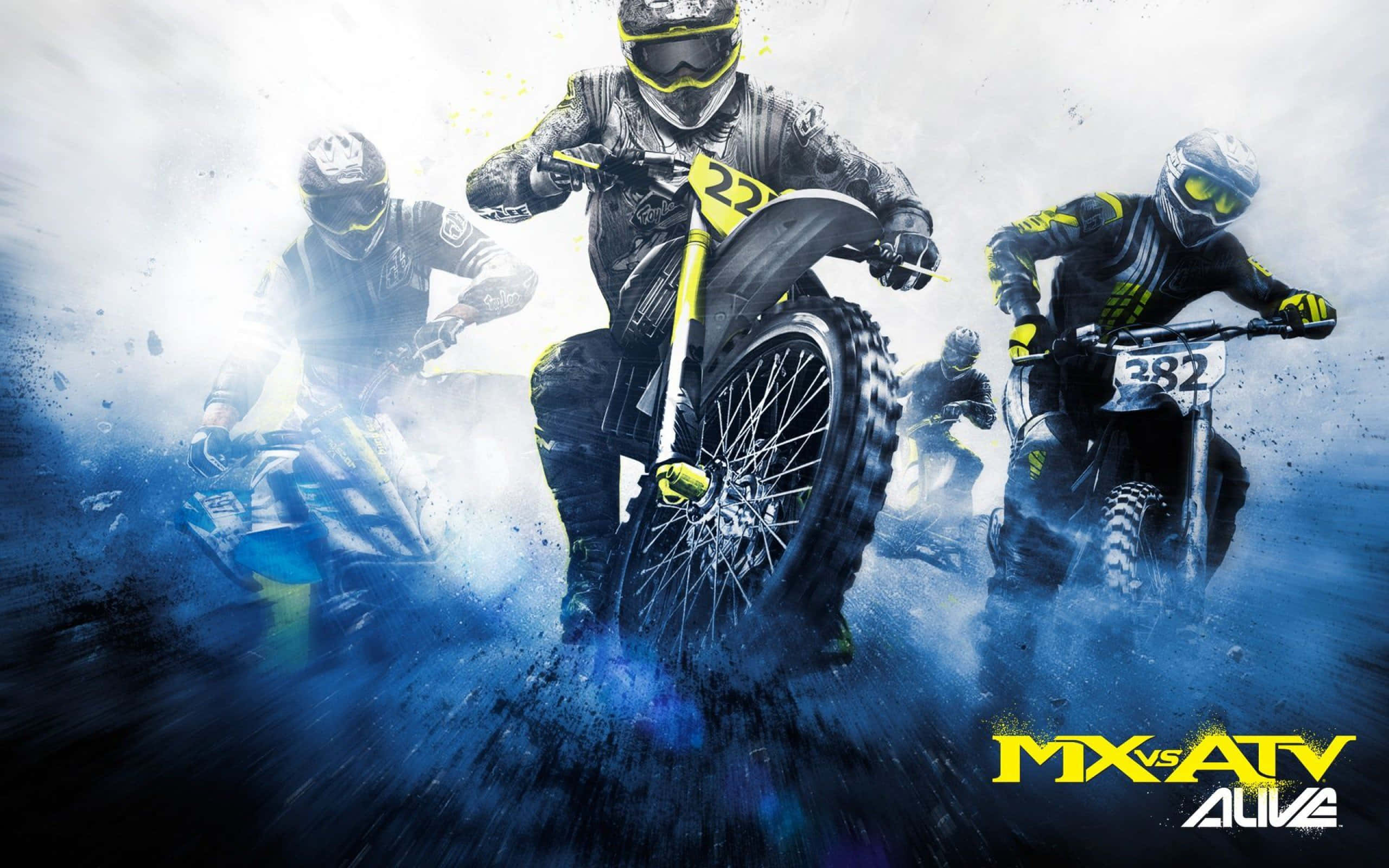 Motocross 桌布 壁紙 — 越野電單車手以極速和頑強決心，在刺眼的藍色塵暴中飛馳。