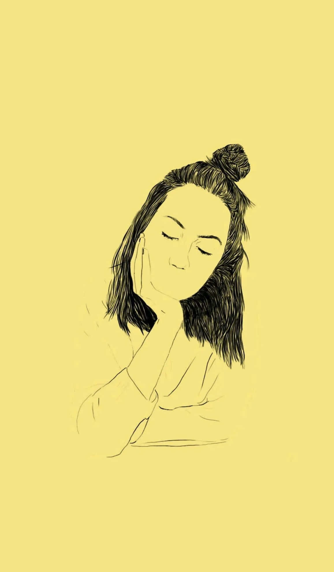 趣味創意美學插畫 壁紙 — 一幅極簡線條畫，描繪一位閉著眼睛、將臉頰靠在手上的女性，背景為純黃色。