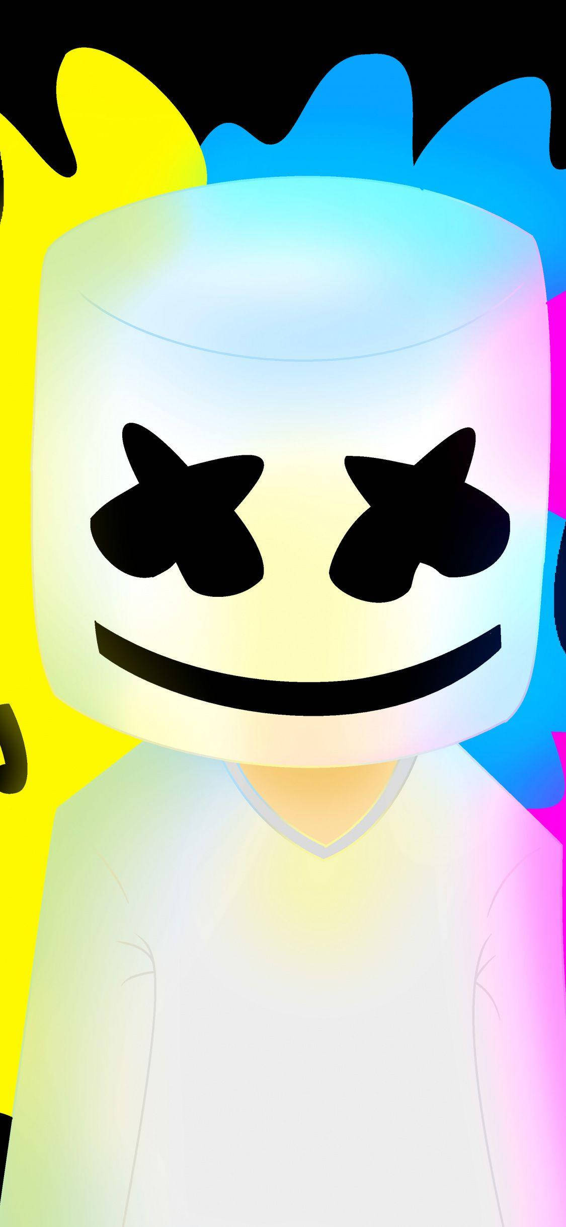趣味多彩Marshmello iPhone壁紙 壁紙 — 一個發光的棉花糖人，帶著微笑的臉和星星眼睛，站在充滿活力的彩虹濺色背景前。