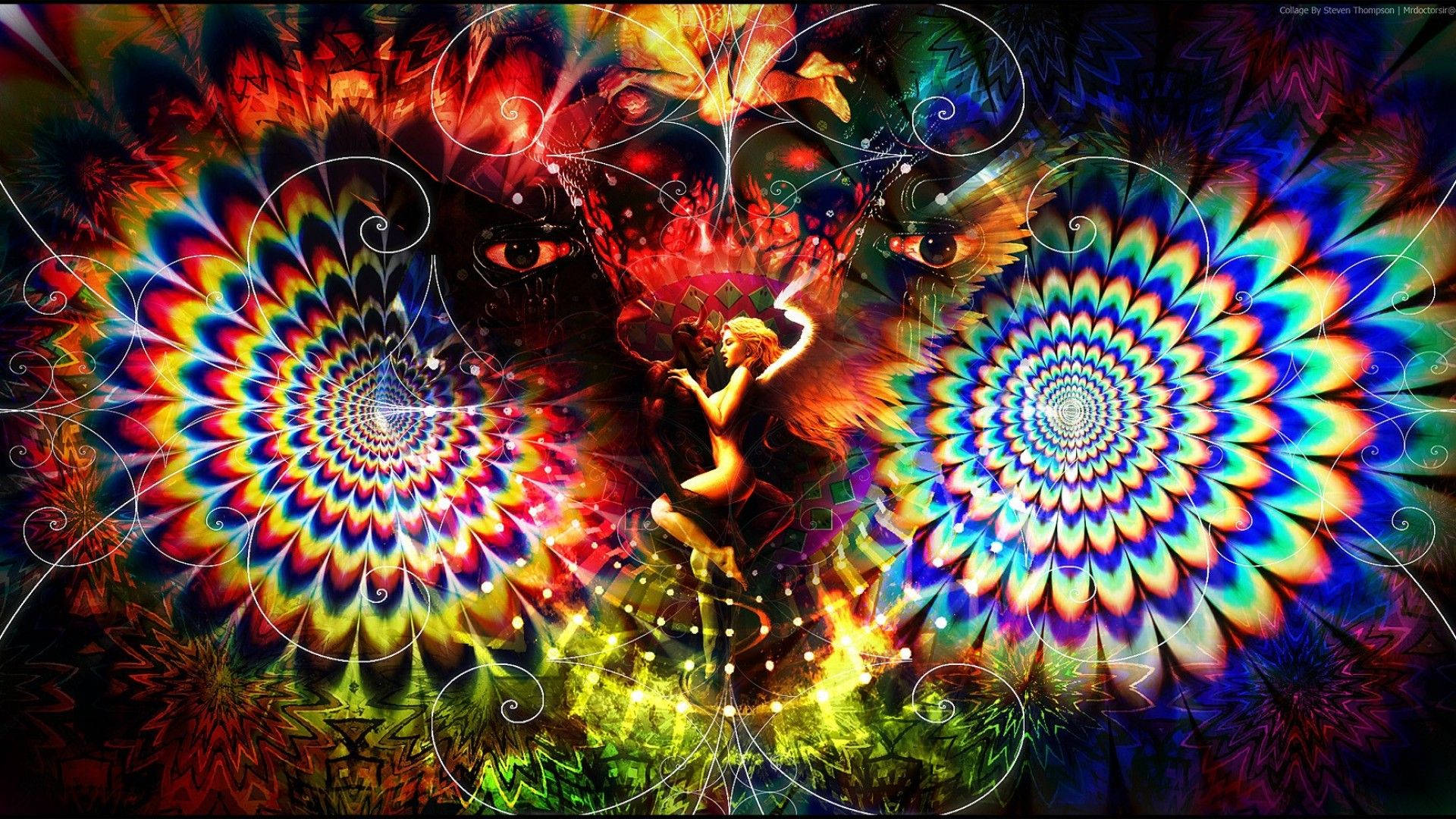 趣味惡魔與天使藝術 壁紙 — 一幅超現實的數碼藝術作品，中央人物被充滿活力的迷幻螺旋和發光的眼睛包圍，置身於宇宙場景中。
