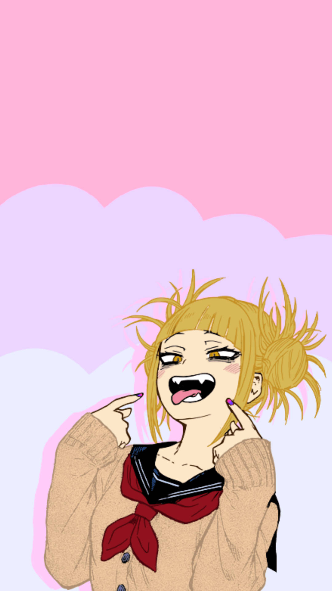 趣味搞怪Himiko Toga 壁紙 — 一個開朗的動漫女孩，一頭凌亂的金髮，穿著水手服，在粉紫色粉彩天空下指著自己的臉。