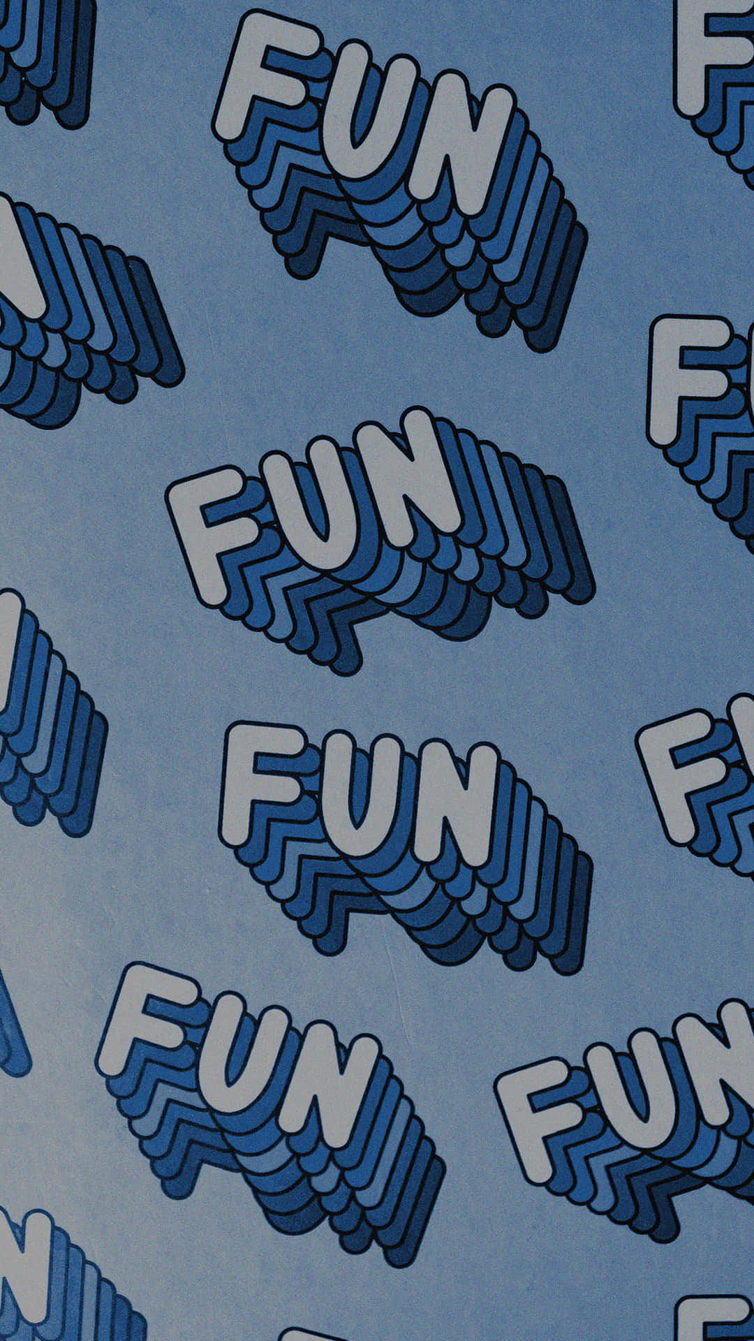 藍白3D「FUN」文字以俏皮的幾何圖案重複。