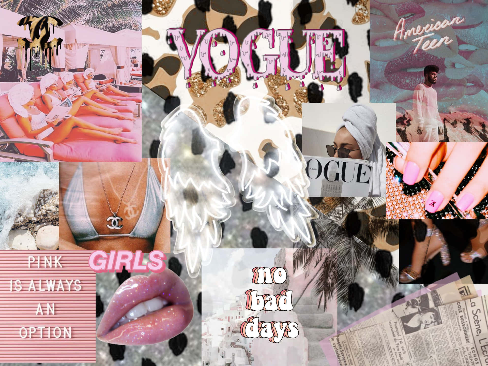 以粉紅色為主題的時尚拼貼畫，包含Vogue、嘴唇和天使翅膀。
