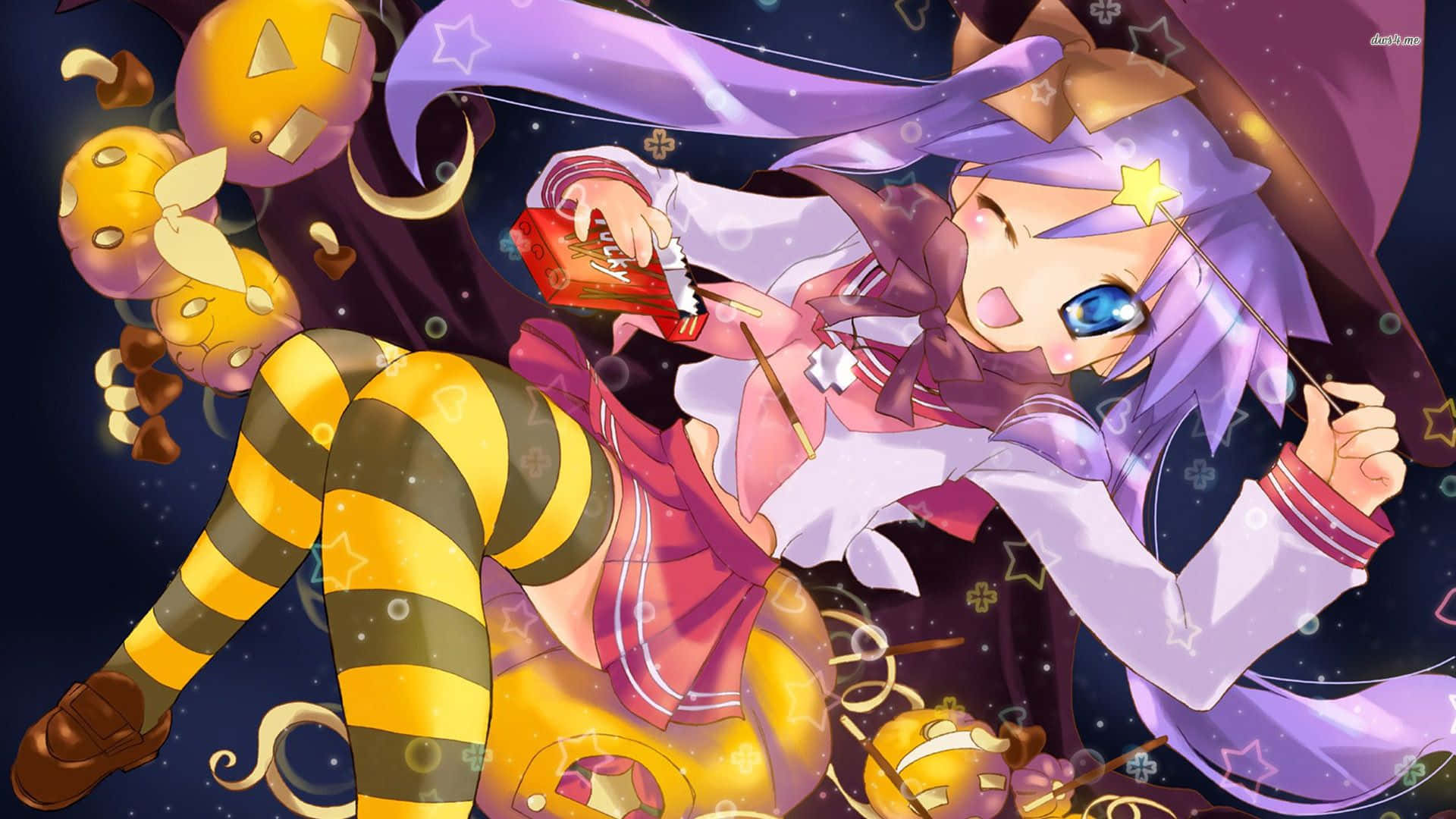 穿著萬聖節服裝的動漫女孩在星空下與南瓜燈跳舞