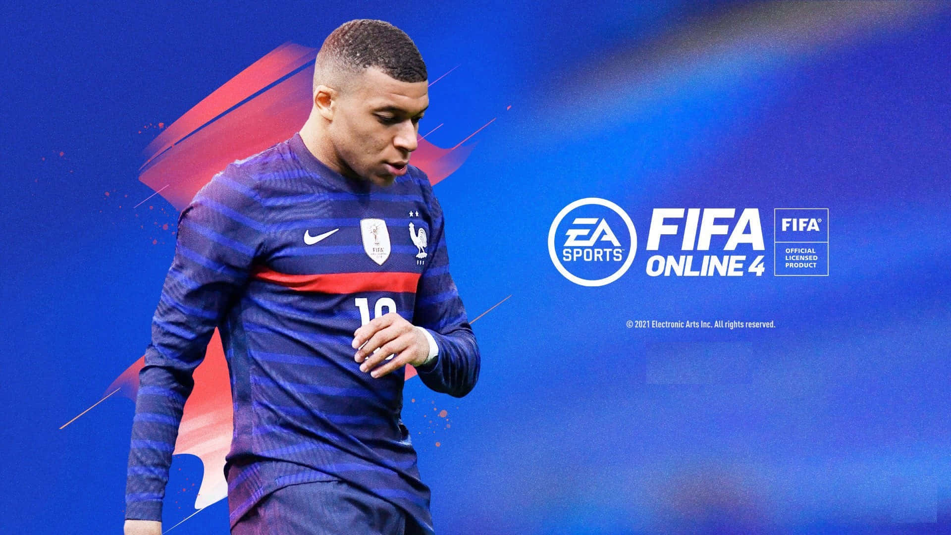 Fifa 22 桌布 壁紙 — 足球員基利安·姆巴佩身穿法國藍色球衣，專注地站在帶有FIFA Online 4品牌的動態藍紅抽象背景前。