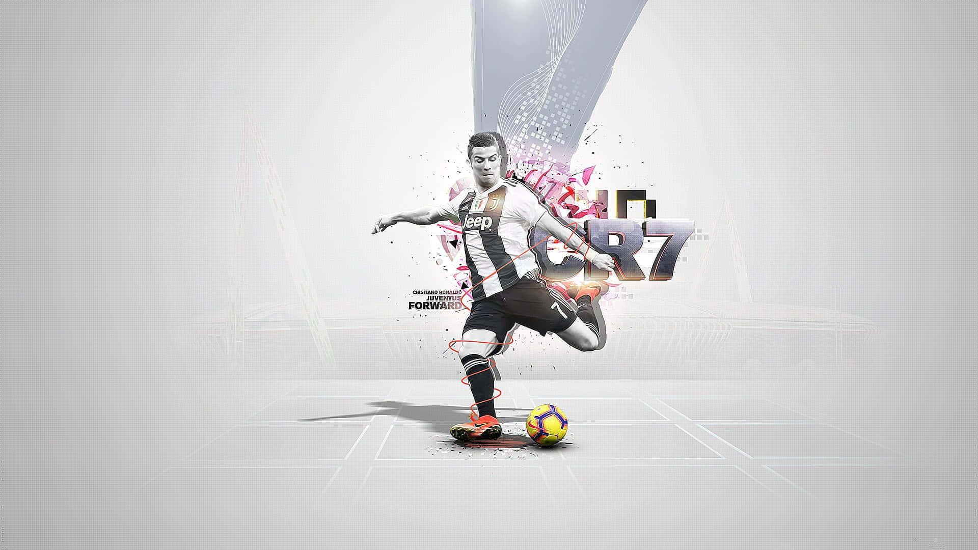 Juventus 桌布 壁紙 — 足球員基斯坦奴·朗拿度身穿祖雲達斯球衣，動態地踢球，伴隨充滿活力的數碼粒子效果和「CR7」標誌。