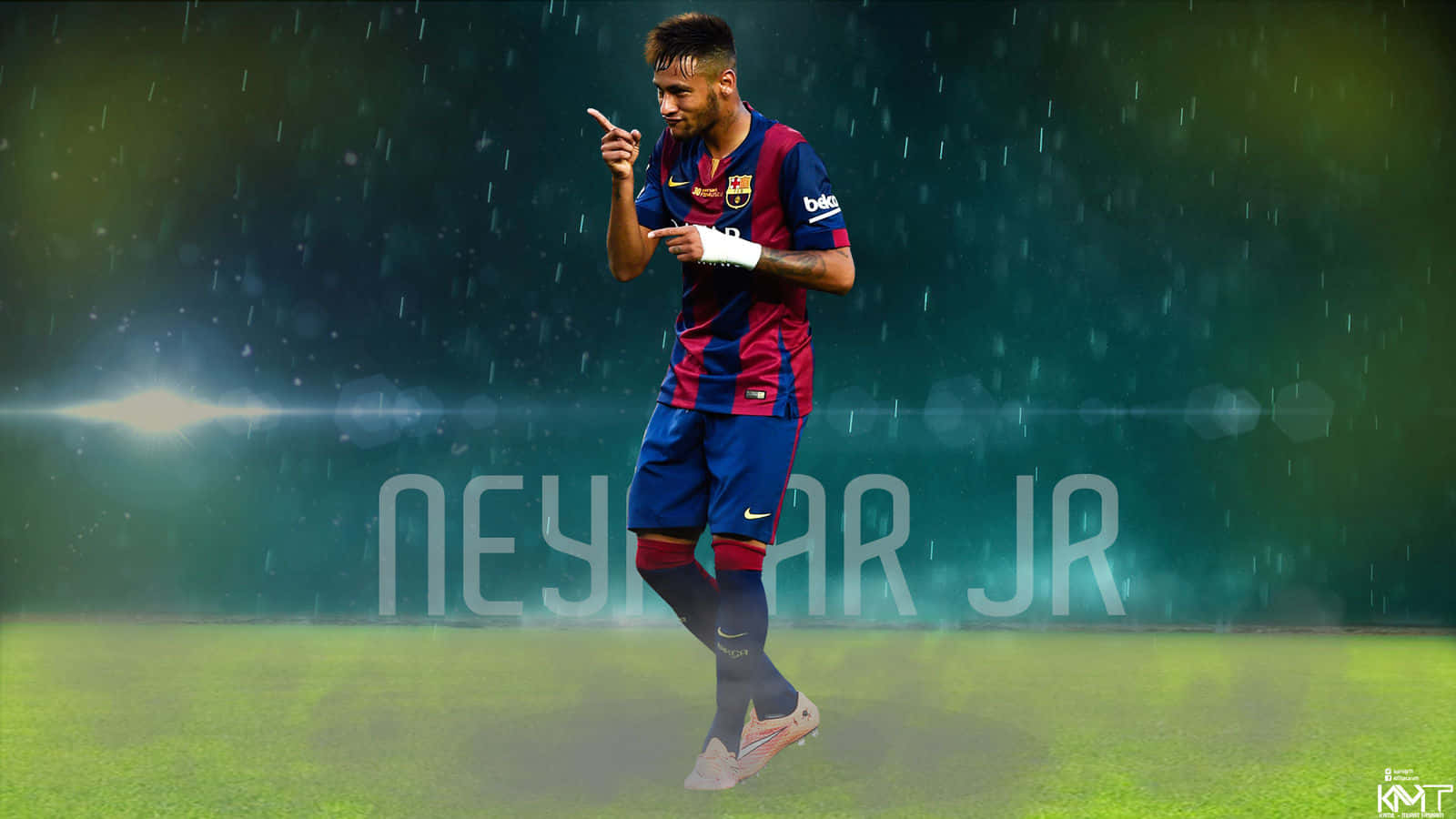 Neymar 桌布 壁紙 — 足球員尼馬（Neymar Jr）在雨中穿著巴塞隆拿球衣，在發光的綠色球場上，在體育場燈光下慶祝。