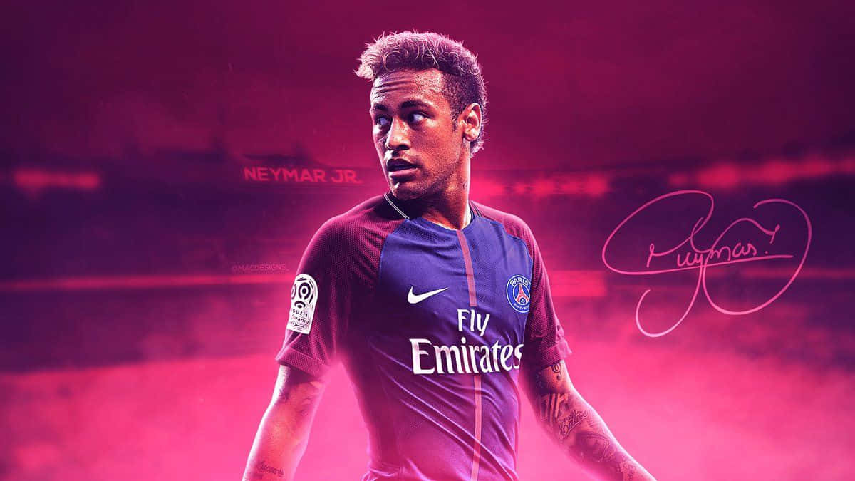 Neymar 桌布 壁紙 — 足球員尼馬（Neymar Jr）身穿巴黎聖日耳曼球衣，站在充滿活力的粉紅色球場背景下，他的簽名在旁邊發光。