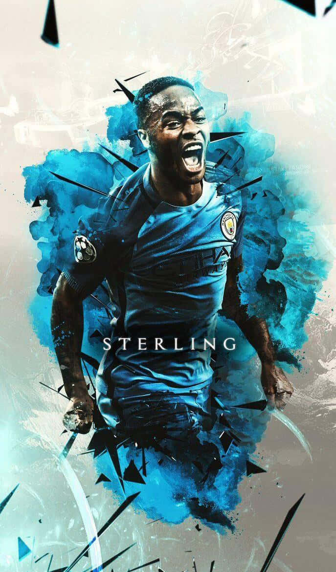 Sterling 桌布 壁紙 — 足球員拉謙·史達寧身穿藍色球衣，以強烈能量衝破碎裂玻璃效果的動態數碼藝術肖像。