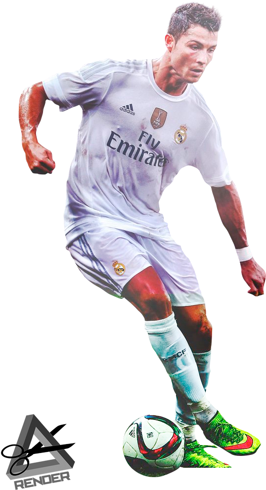 足球員比賽瞬間 壁紙 — 一個動態的3D渲染，Cristiano Ronaldo身穿白色皇家馬德里球衣，專注地運球。