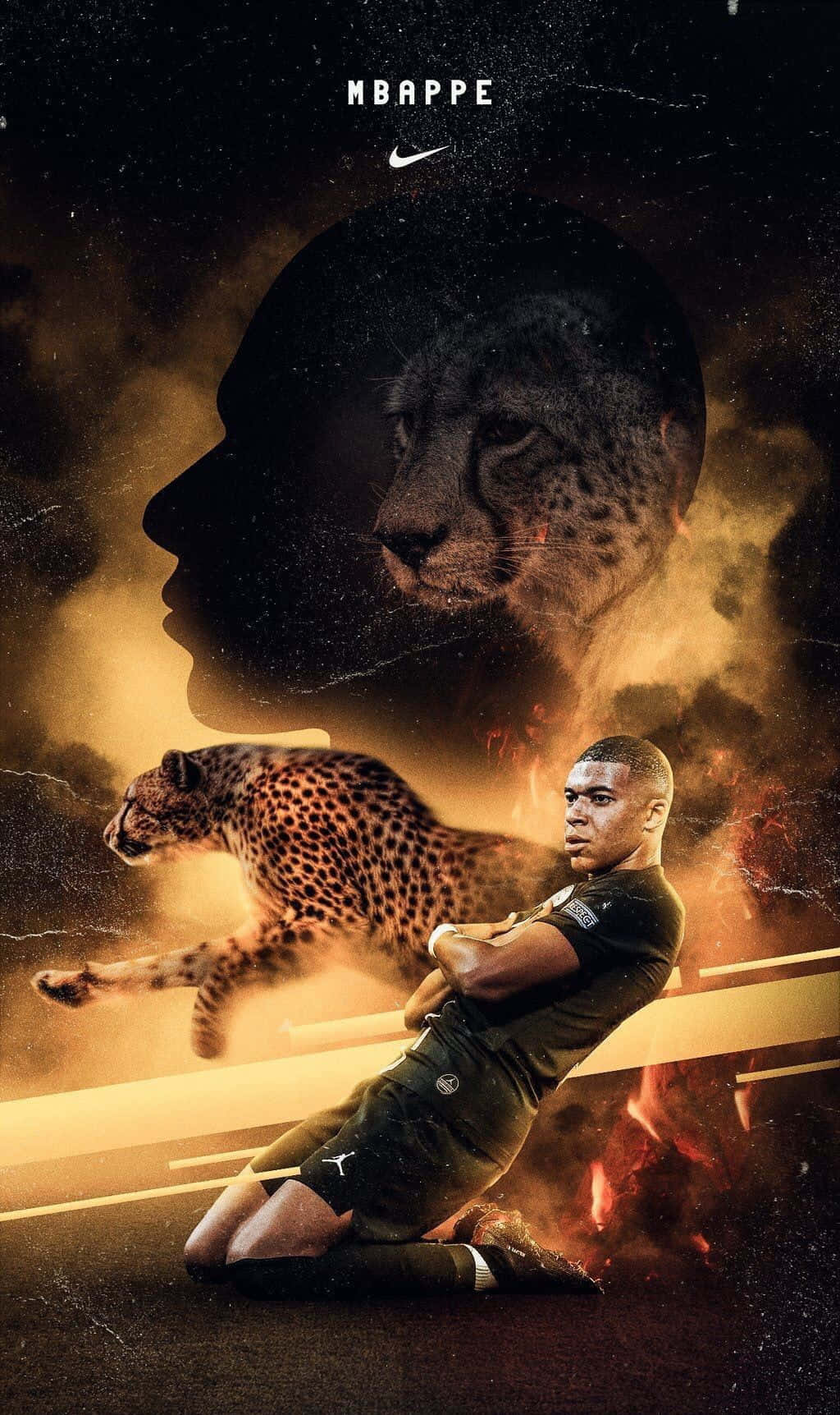 Mbappe 桌布 壁紙 — 足球員麥巴比在火焰球場上跪下，旁邊有一隻跳躍的獵豹，他的剪影與上方的豹臉融合。