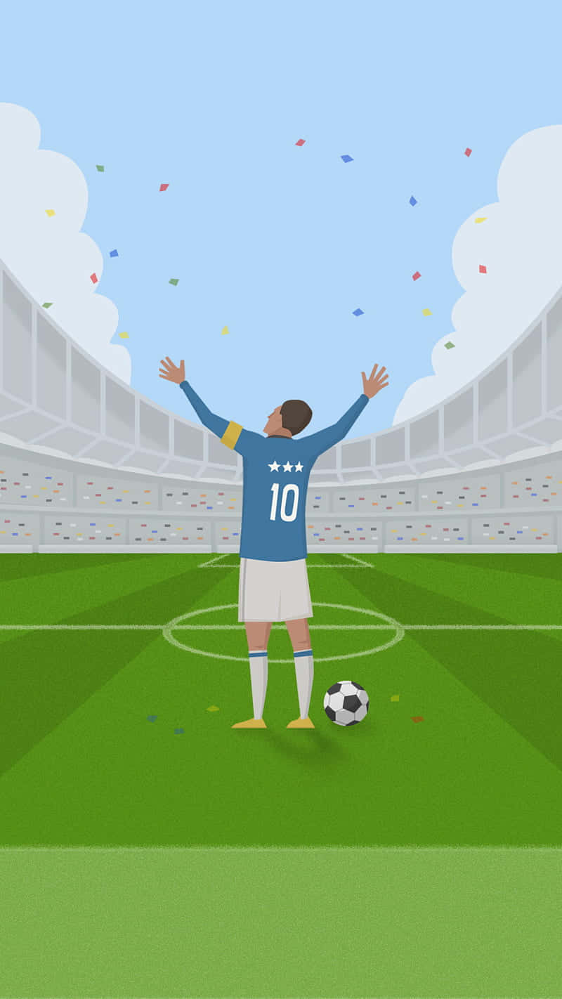 10號足球運動員在紙屑飄落的體育場上高舉雙臂慶祝勝利。