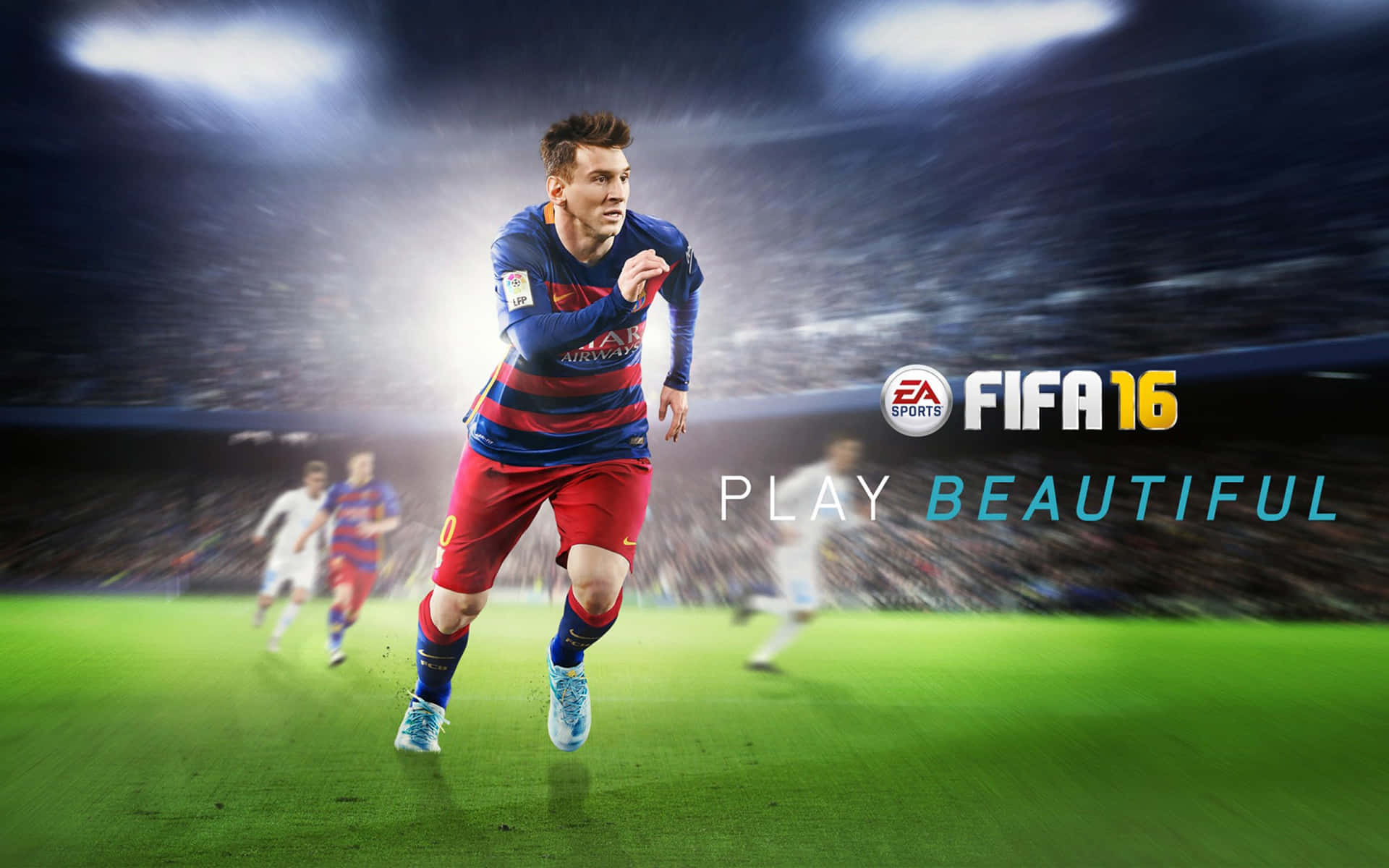 足球運動員在夜間比賽中於燈光球場上奔跑，背景模糊，帶有FIFA 16品牌標誌。