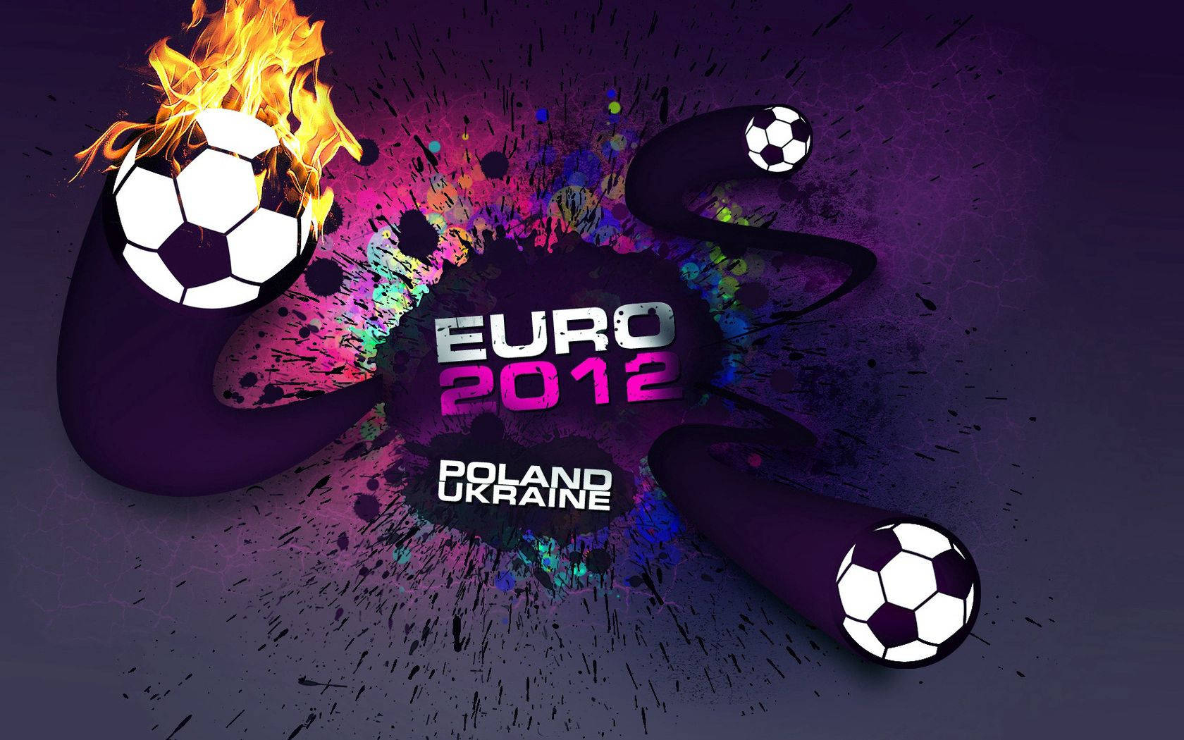 Euro 2012 波蘭烏克蘭足球錦標賽標誌，帶有火焰足球和彩色油漆濺點。