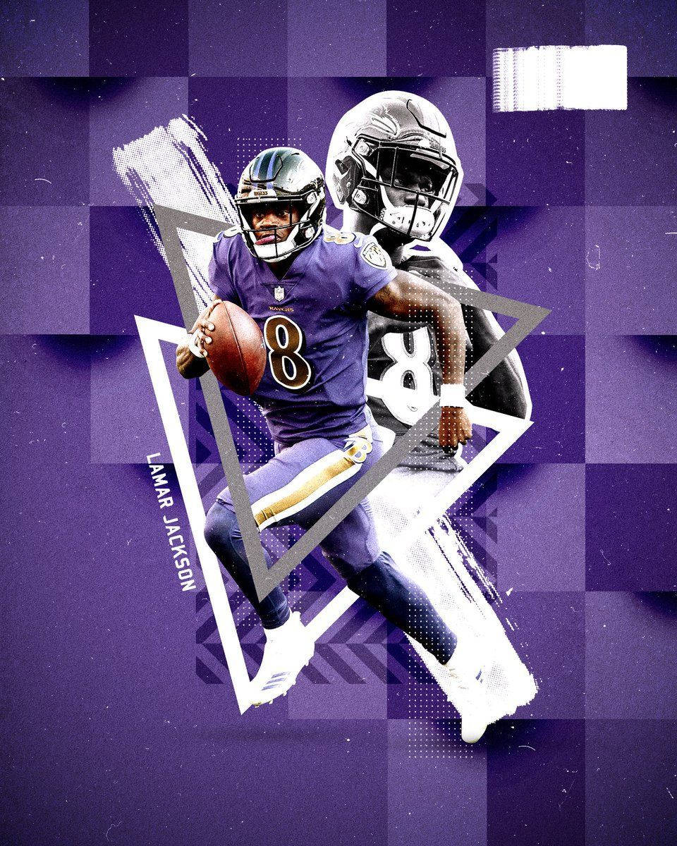 Lamar Jackson 身穿紫色 Ravens 制服，在風格化的數碼藝術設計中持球奔跑。