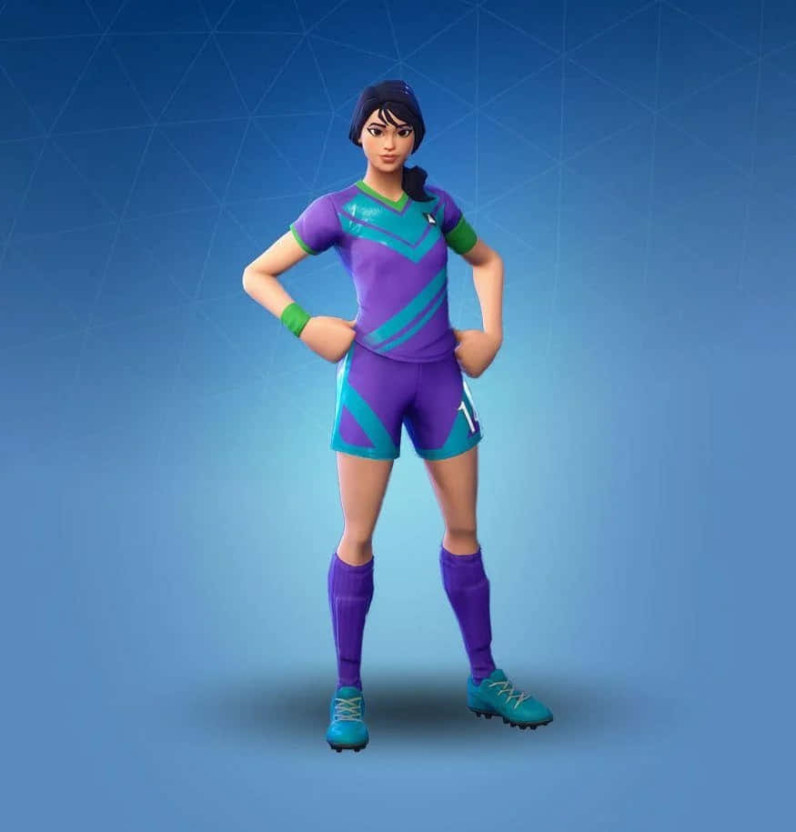 身穿紫色和藍綠色欖球制服的女Fortnite角色自信地擺姿勢。