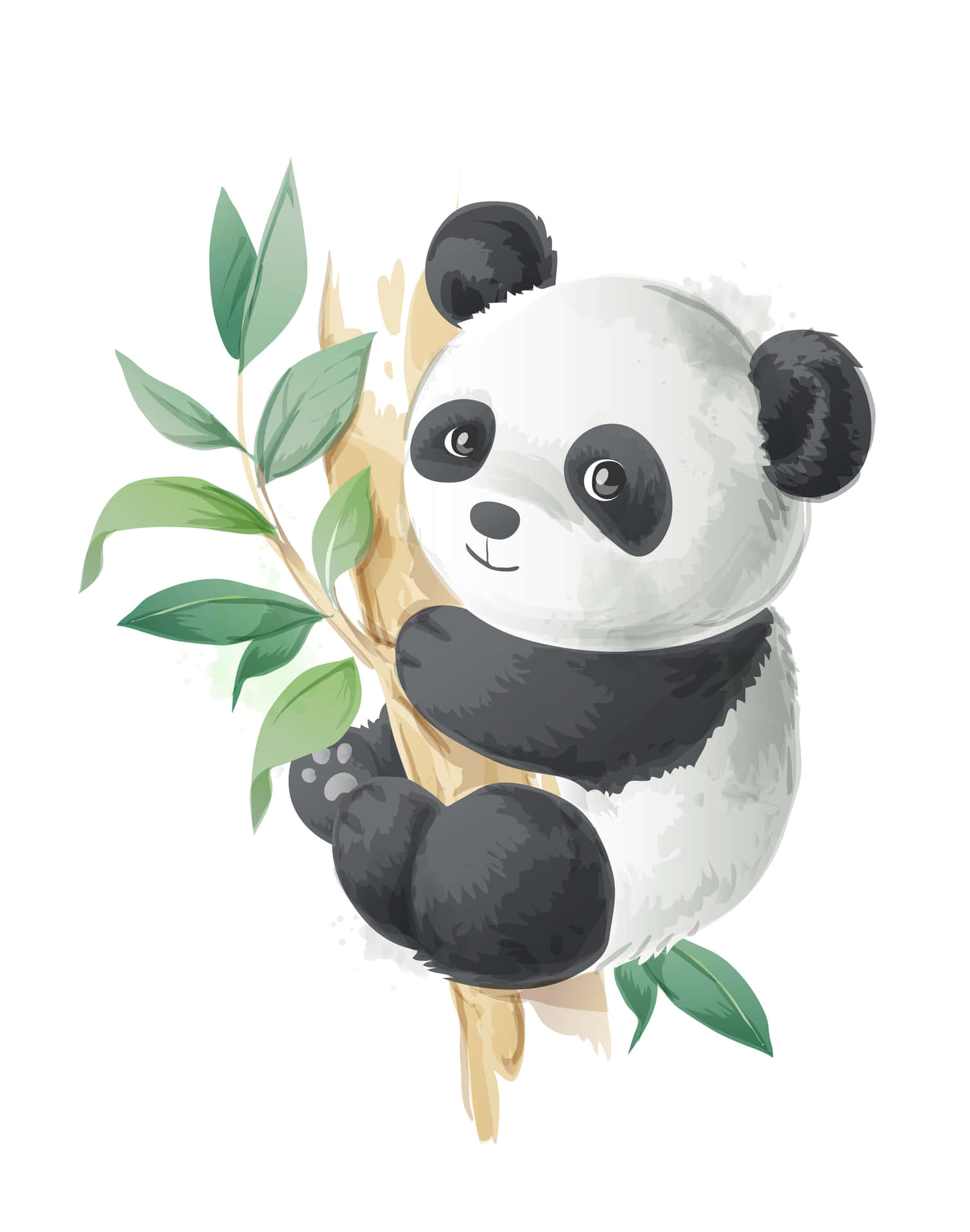 一隻水彩熊貓拿著帶有綠葉的竹子。