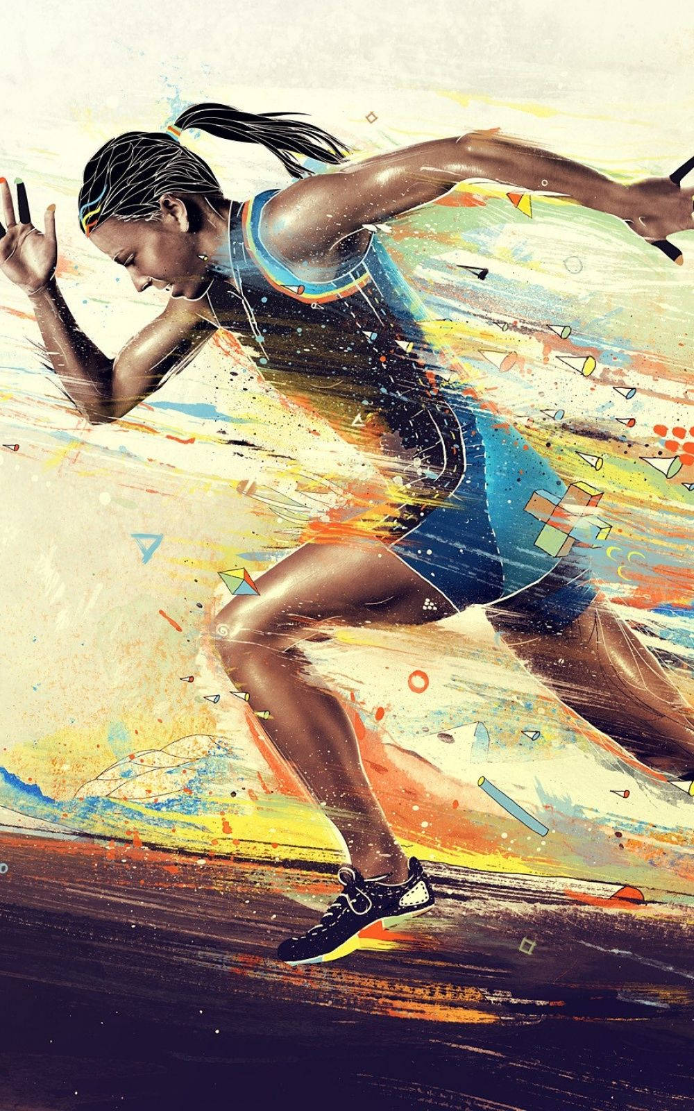 跑者彩繪插畫 壁紙 — 一位動感十足的女性跑者正在奔跑，身後留下鮮豔的抽象顏料飛濺和幾何形狀。