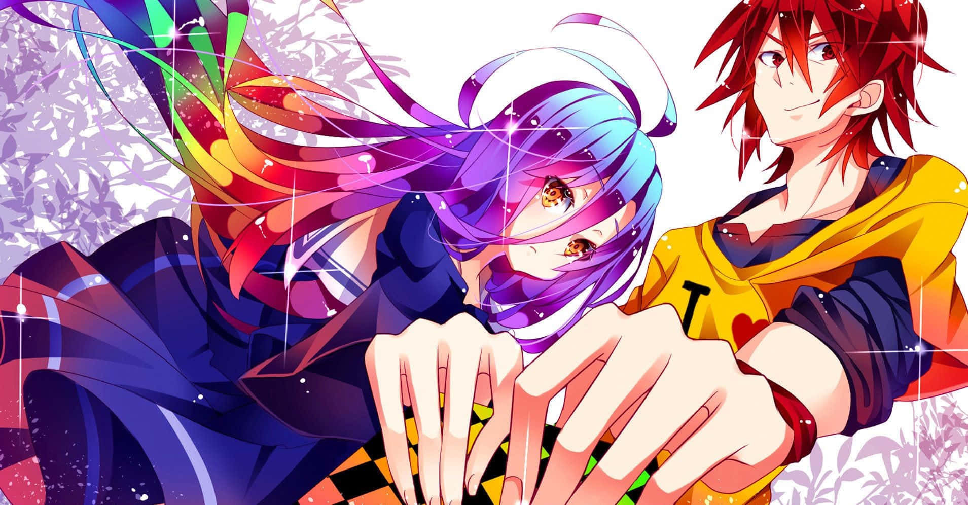 距離勝利又近一步：《No Game No Life》 壁紙 — 兩個擁有鮮豔頭髮和發光眼睛的動漫角色，在閃閃發光的花卉背景前牽手。