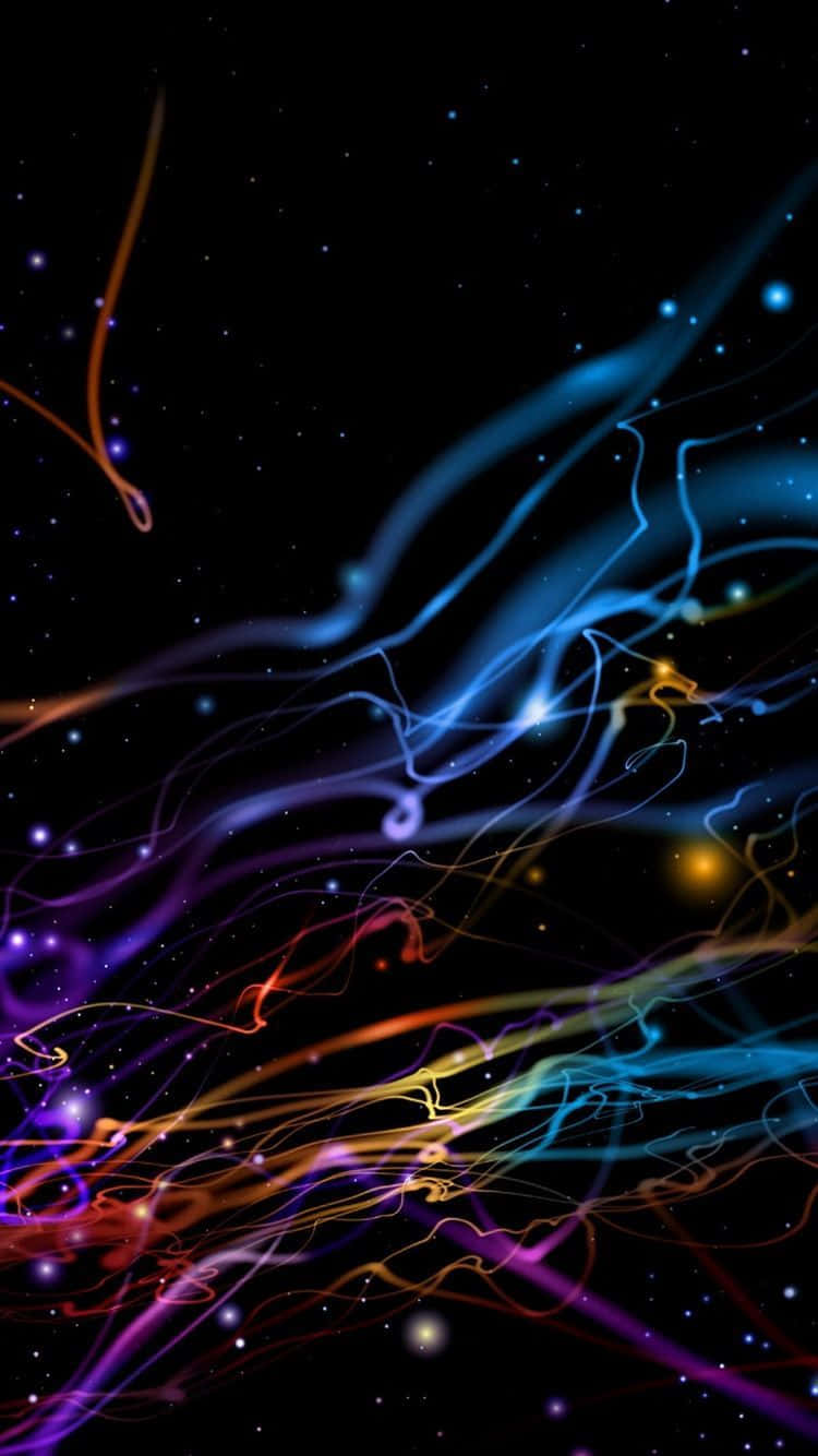 跟上科技潮流，體驗最新款Clever iPhone 壁紙 — 充滿活力的宇宙能量流，以藍色、紫色和橙色動態地流動在繁星點點的黑色虛空中。