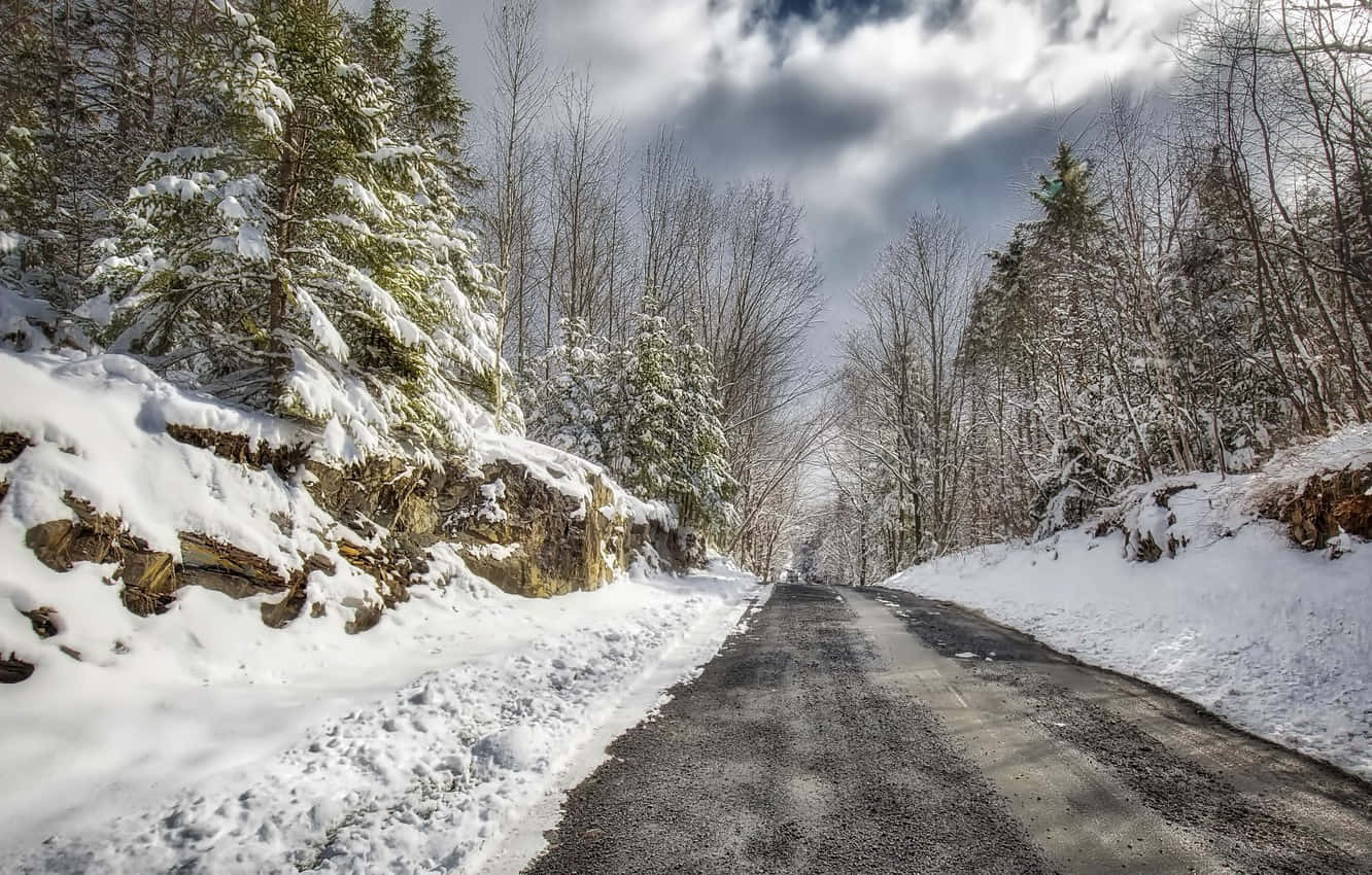 跟著道路，探索新世界 壁紙 — 一條蜿蜒的冬季道路穿過白雪覆蓋的常綠樹和光禿禿的樹木，天空陰雲密布，氣氛戲劇化。