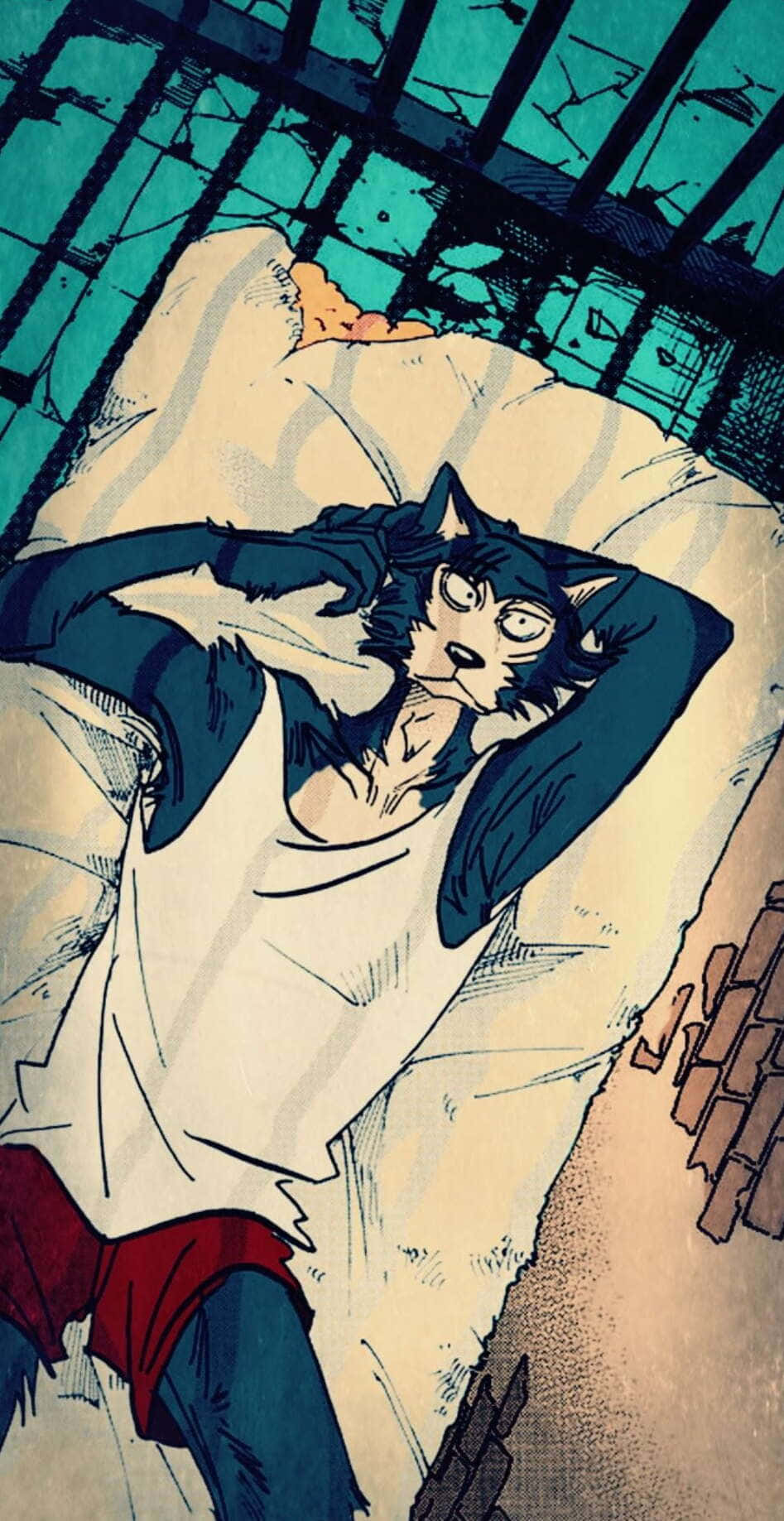 跟隨《Beastars》中野獸們的冒險旅程 壁紙 — 一隻疲倦的擬人化狼穿著白色背心，在裂開的青綠色天花板下枕頭休息，附近有破碎的磚塊。