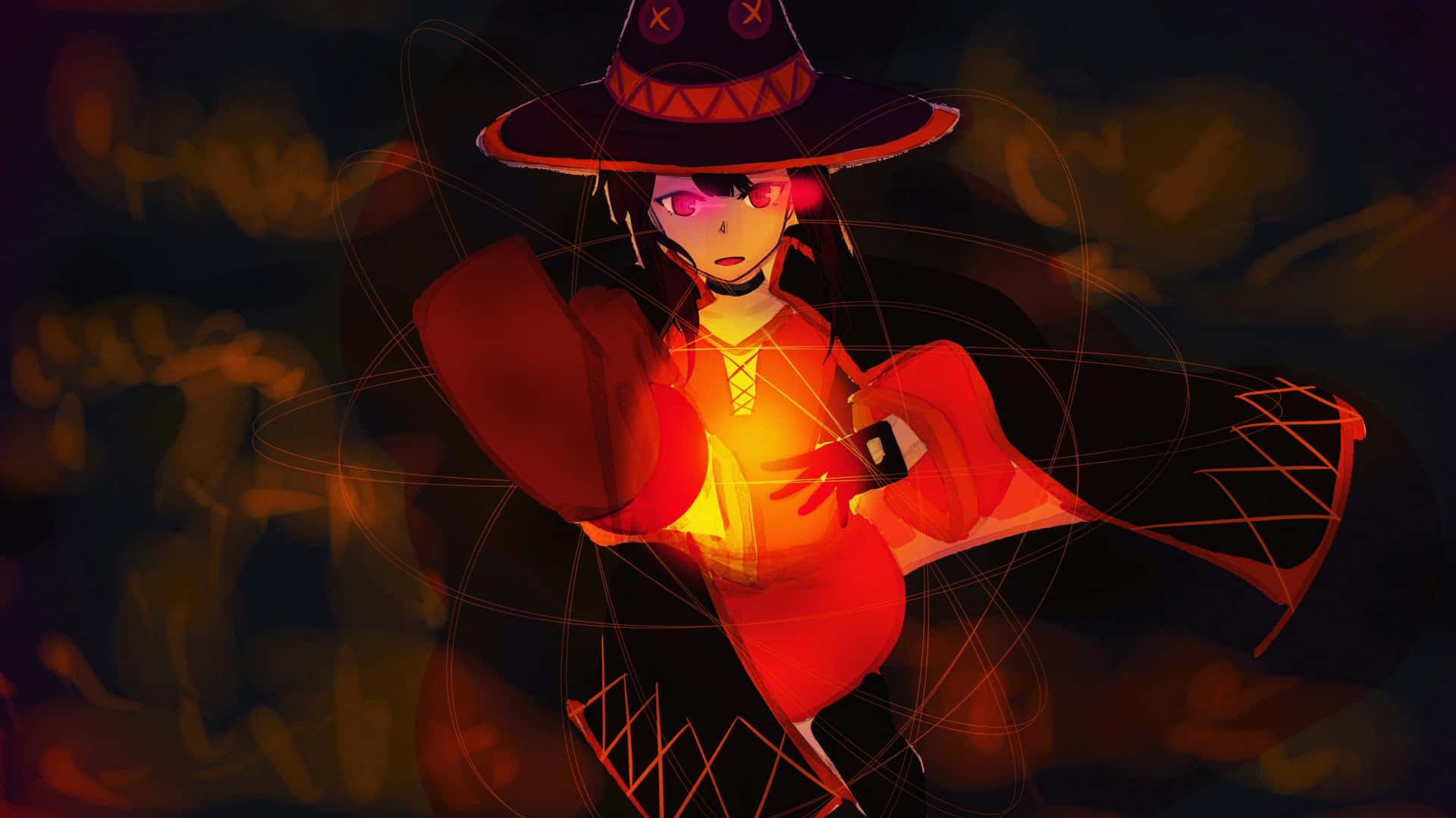 動漫女巫在黑暗煙霧環境中施展發光魔法。
