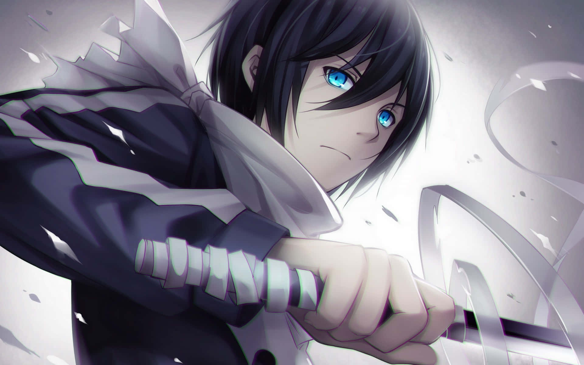 藍眼睛的動漫角色在破碎的玻璃環繞下持劍。