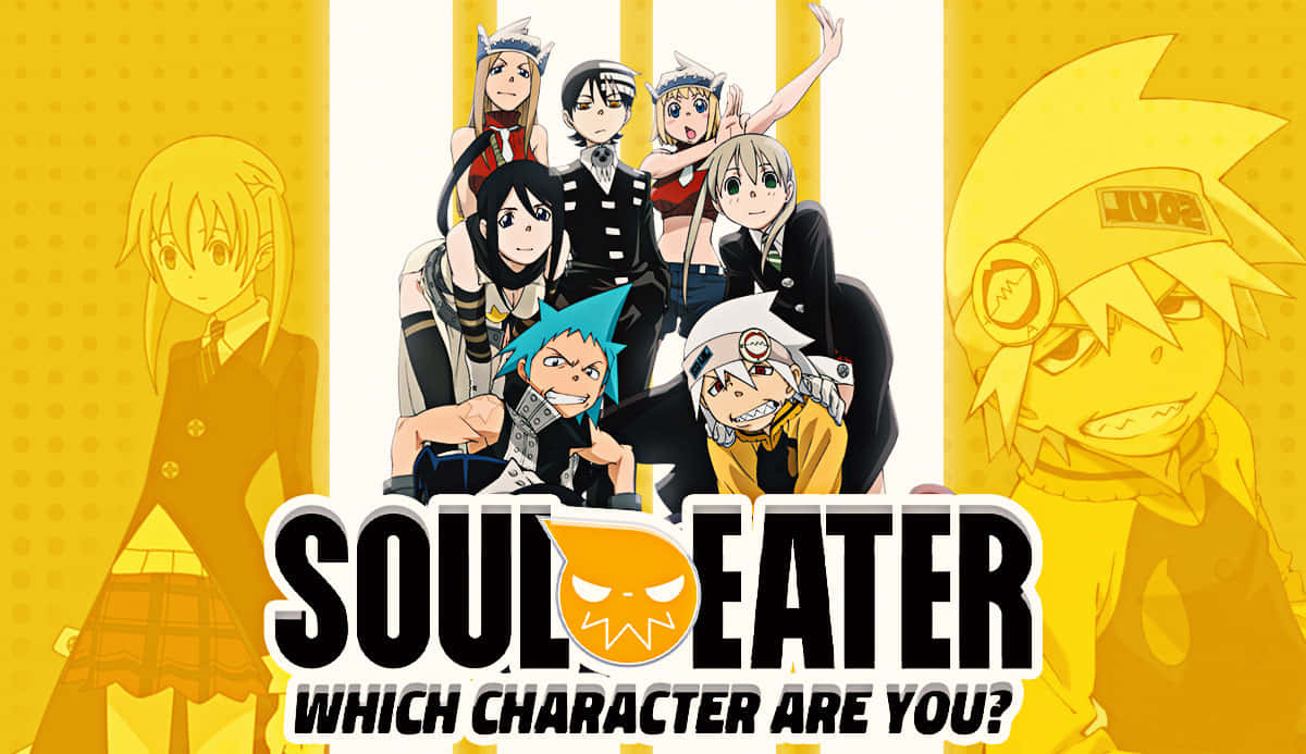 Soul Eater動畫角色在黃色背景上與標題文字擺姿勢。