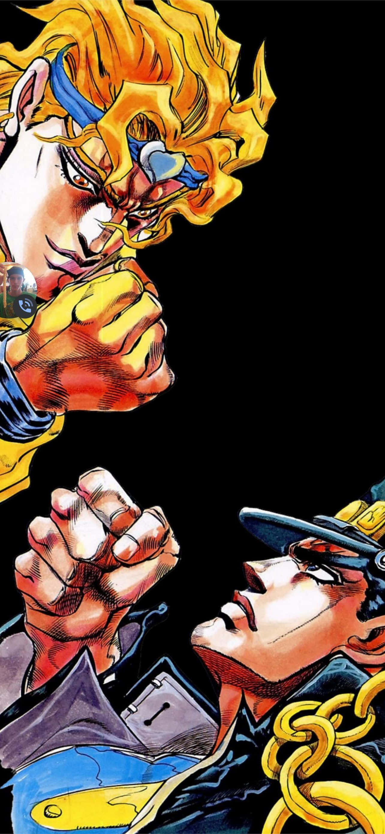 跟隨Jotaro Kujo踏上他的英雄冒險 壁紙 — 兩個動漫角色在黑色背景下進行緊張的拳擊戰鬥，頭髮如火，表情激烈。