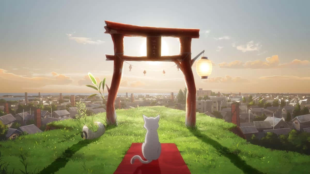跟隨Muge踏上回歸家園的魔法冒險！ 壁紙 — 一隻白貓坐在紅色墊子上，位於木製鳥居下方，俯瞰著金色日落下的廣闊城市。