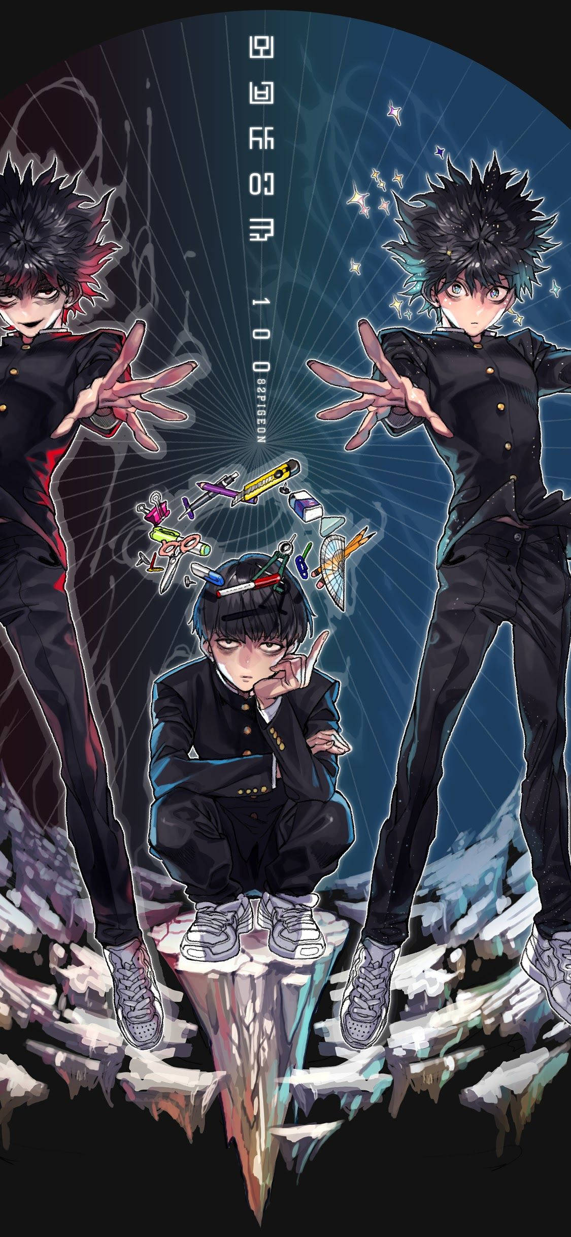 跟隨Shigeo Kageyama在《靈能百分百》中的旅程 壁紙 — 三個穿著黑色制服嘅動畫男仔企喺碎裂嘅冰上，背景係星空藍色，有浮動嘅鉛筆。