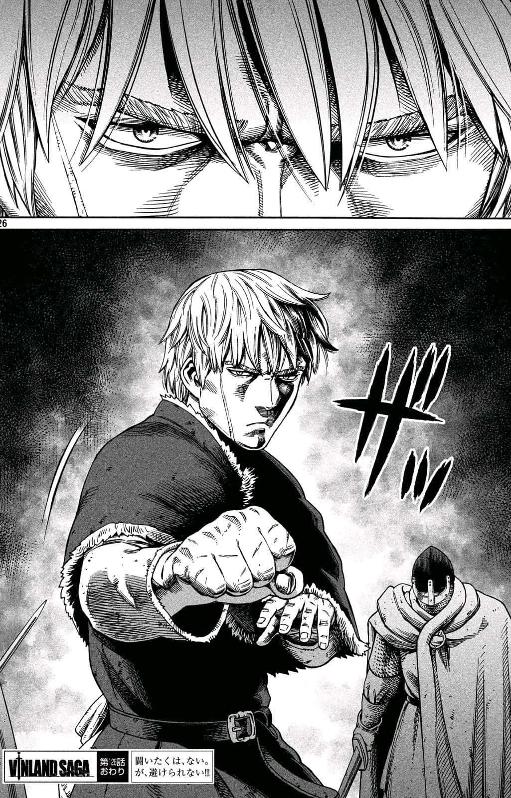 一個漫畫戰士用兇猛的眼神揮出一拳，而另一個人物站在他身後。
