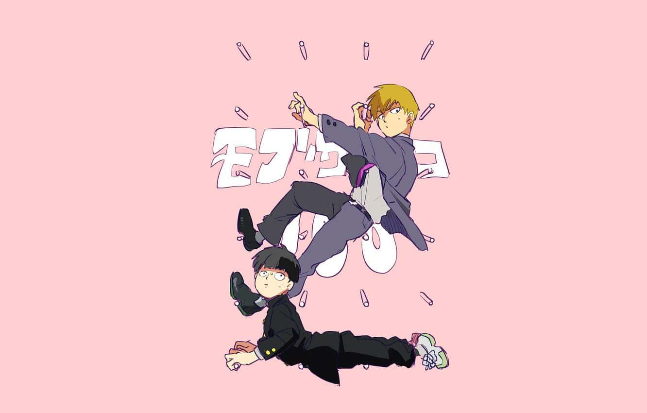 兩個穿著校服的動漫男孩在粉紅色背景上半空中打鬥。