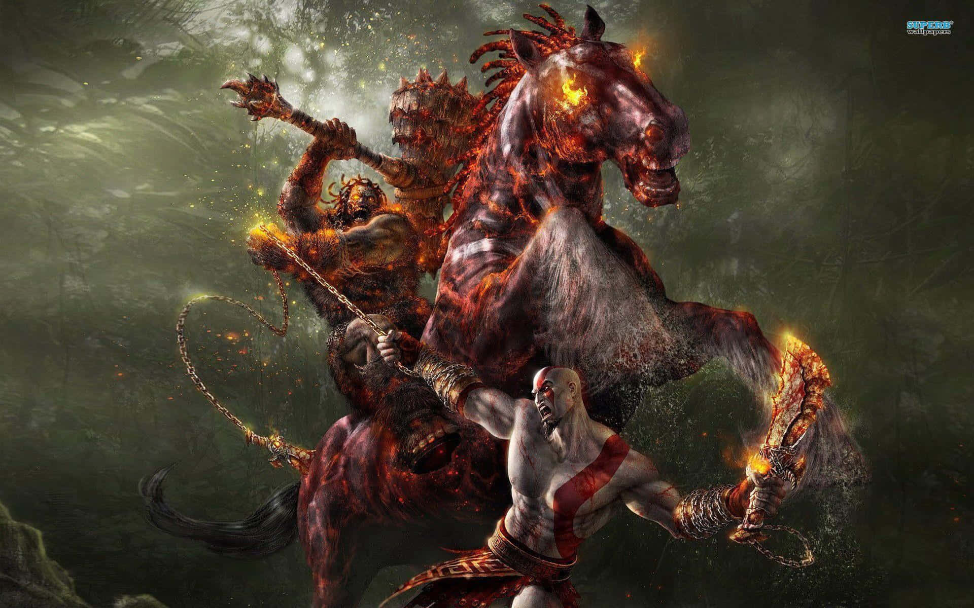 Kratos 在黑暗森林中與騎著燃燒馬匹的燃燒惡魔戰鬥。