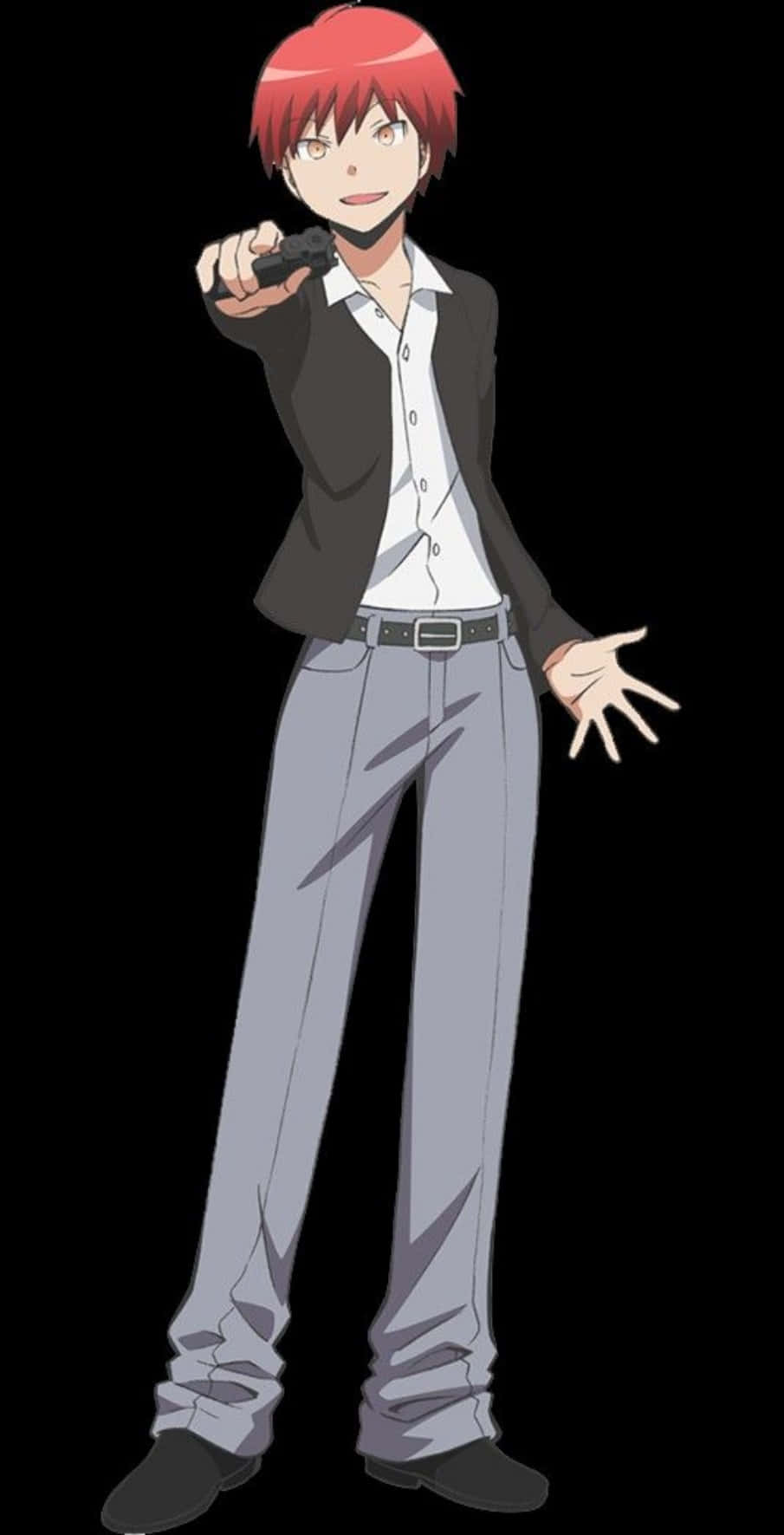 紅髮動漫男孩手持槍支，自信地微笑。