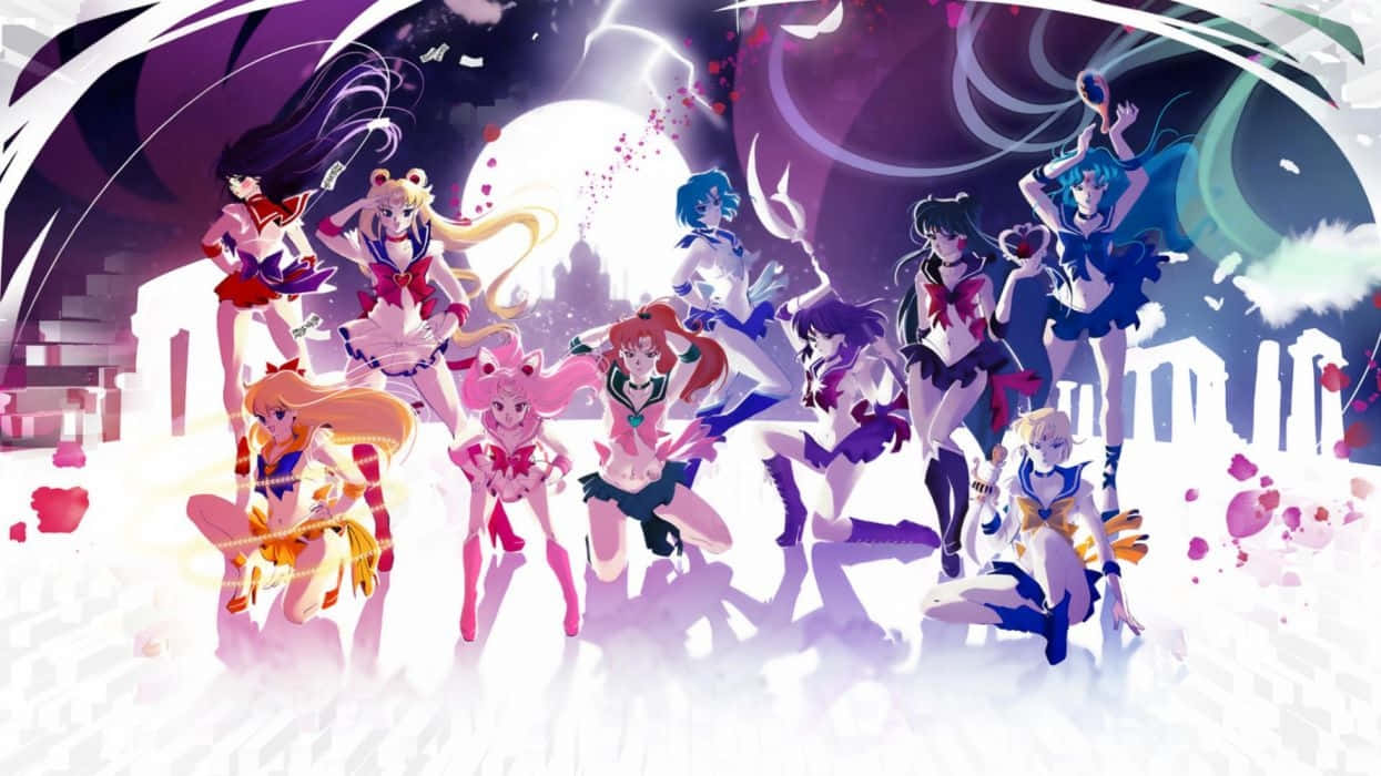 穿著水手服的動畫魔法少女在發光的月亮下英勇地擺出姿勢。