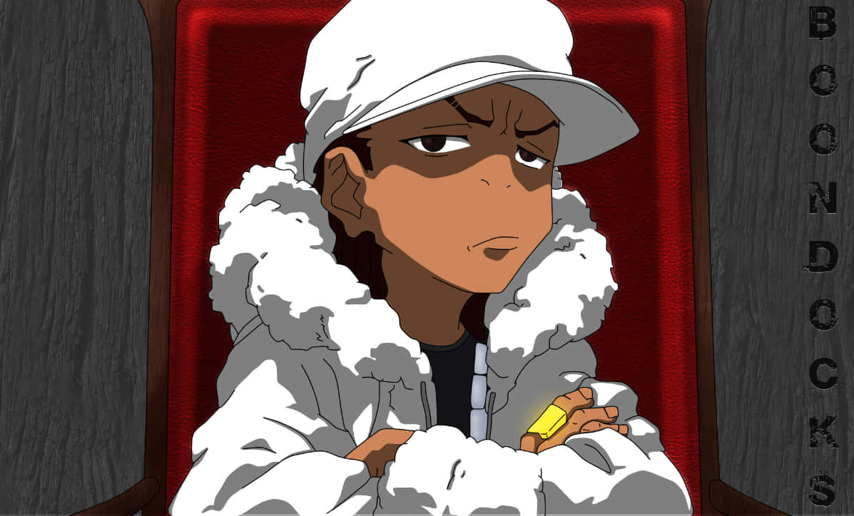 跟隨爺爺、Uncle Ruckus和Riley，加入Boondocks小隊的瘋狂冒險！ 壁紙 — 一個年輕的動畫角色穿著白色毛領外套和帽子，交叉雙臂坐在紅色背景前。
