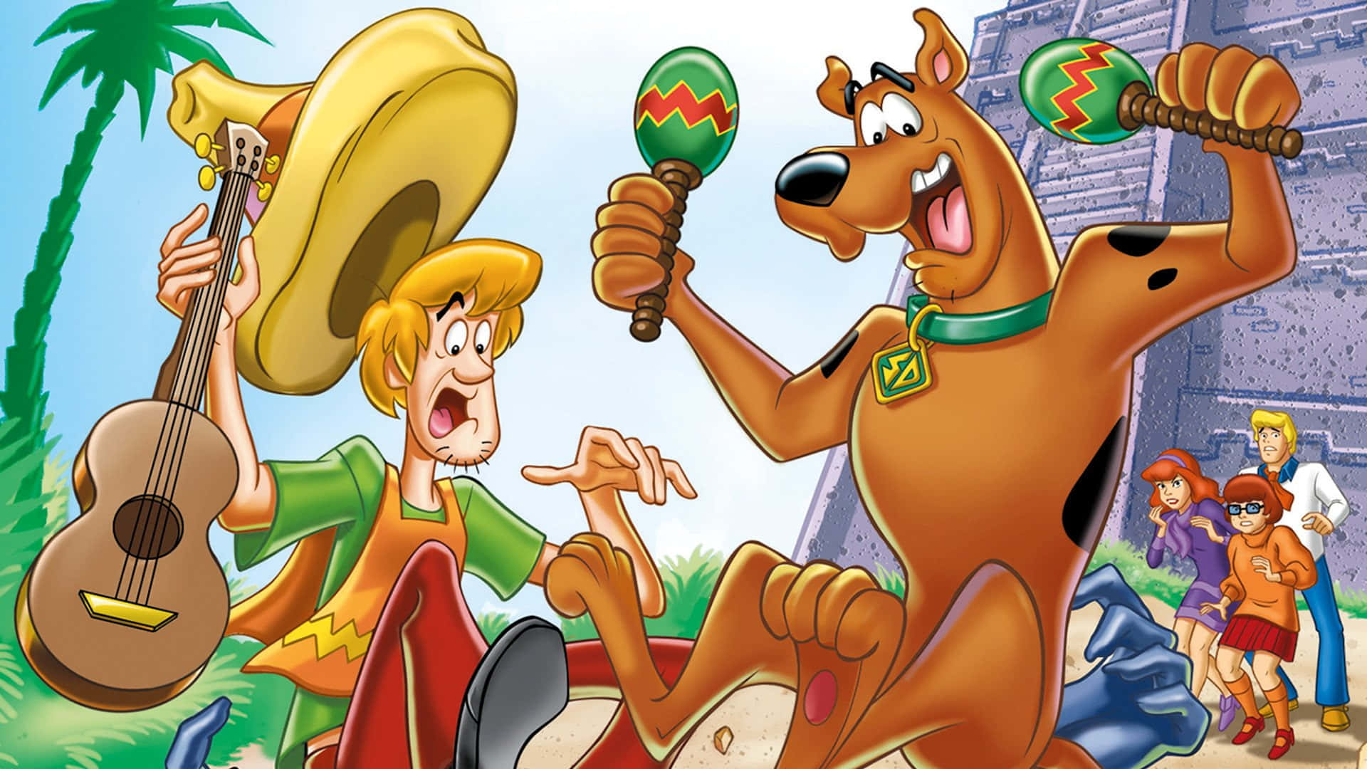 Scooby Doo 和 Shaggy 在熱帶場景中與朋友們手持沙槌和結他跳舞。