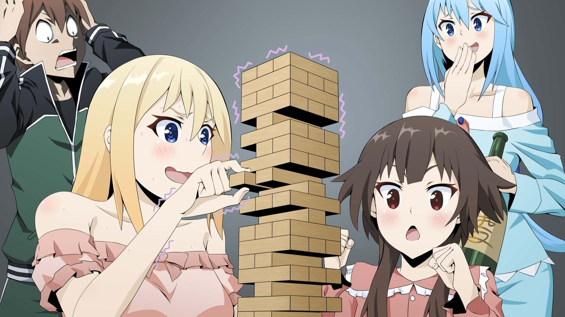 四個動漫女孩玩層層疊，表情震驚和驚訝。