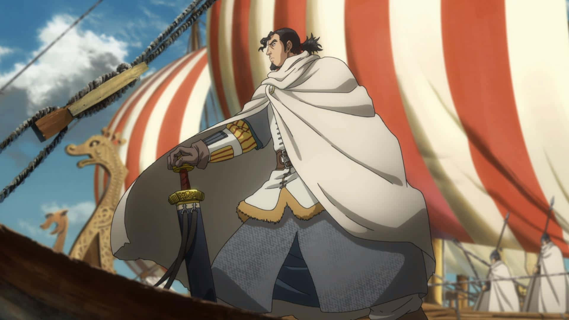 動漫戰士在船上，白色斗篷下持劍，紅白帆。